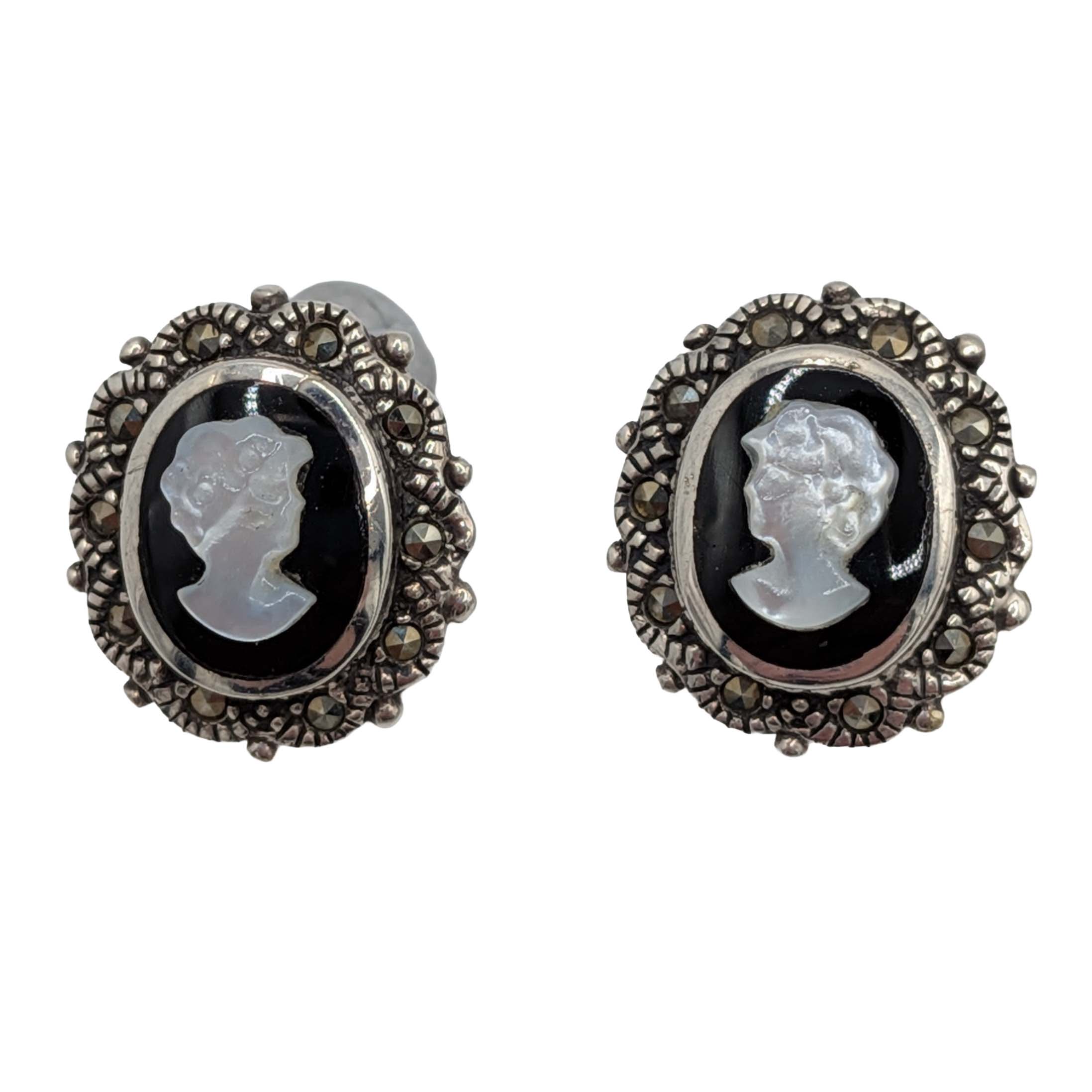 Sterling Silver Onyx Mother Of Pearl Marcasite Cameo Stud Earrings