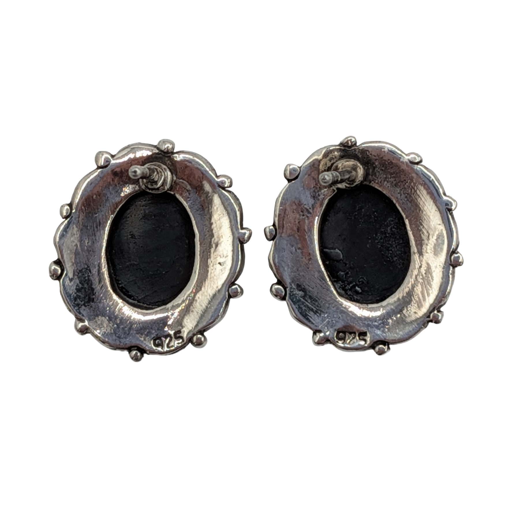 Sterling Silver Onyx Mother Of Pearl Marcasite Cameo Stud Earrings