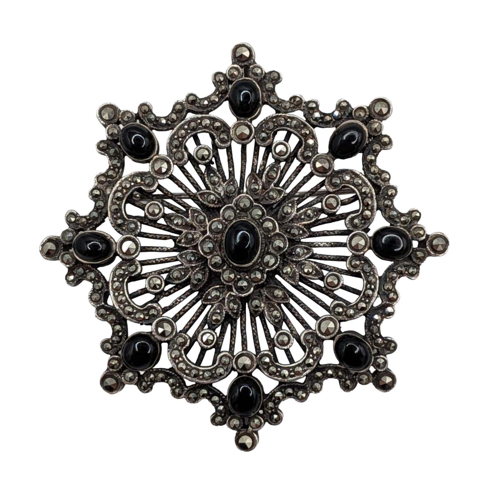 Sterling Silver Onyx Marcasite Ornate Starburst Pendant/Brooch