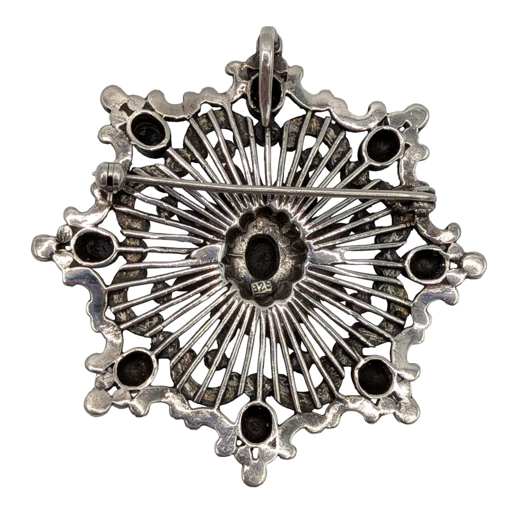 Sterling Silver Onyx Marcasite Ornate Starburst Pendant/Brooch