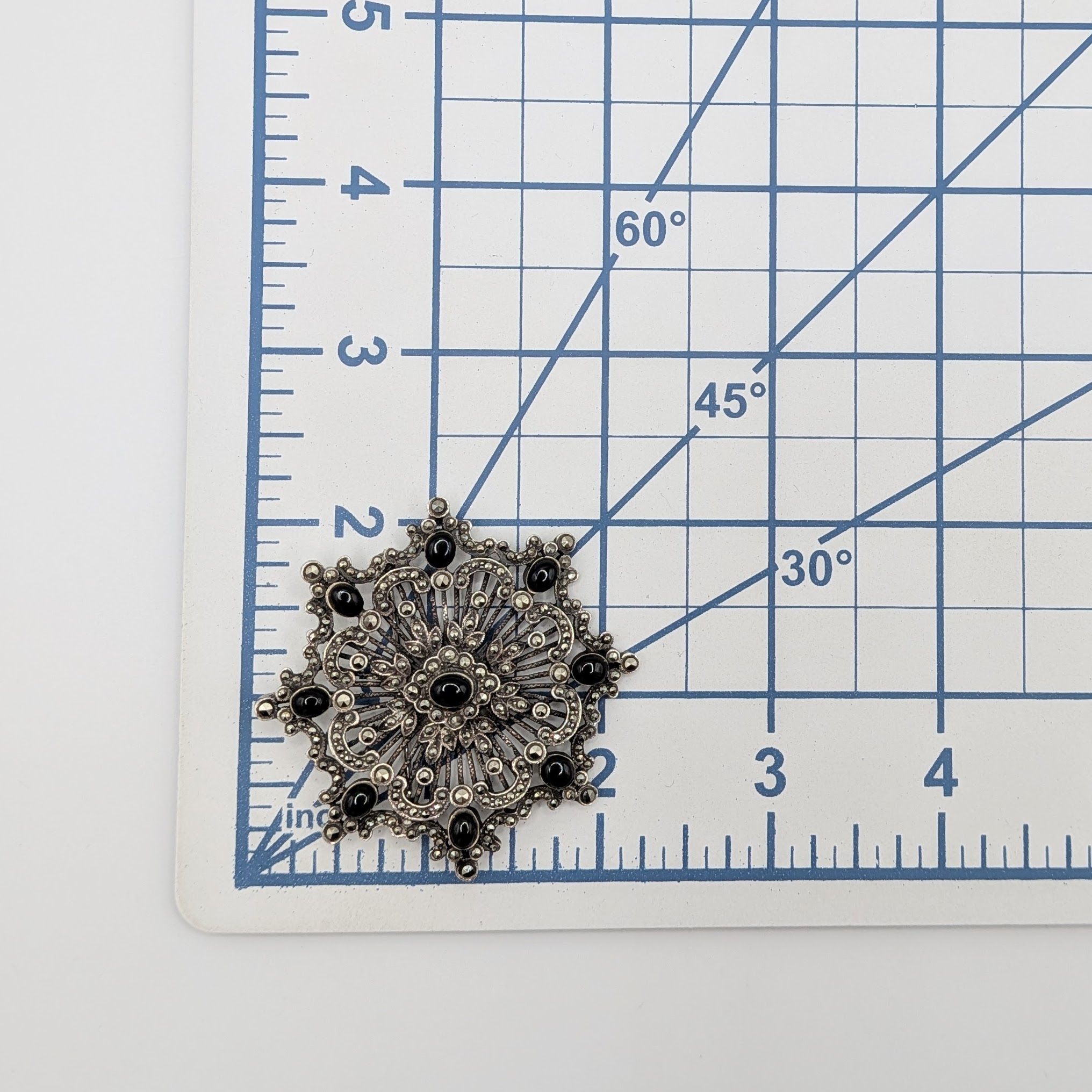 Sterling Silver Onyx Marcasite Ornate Starburst Pendant/Brooch