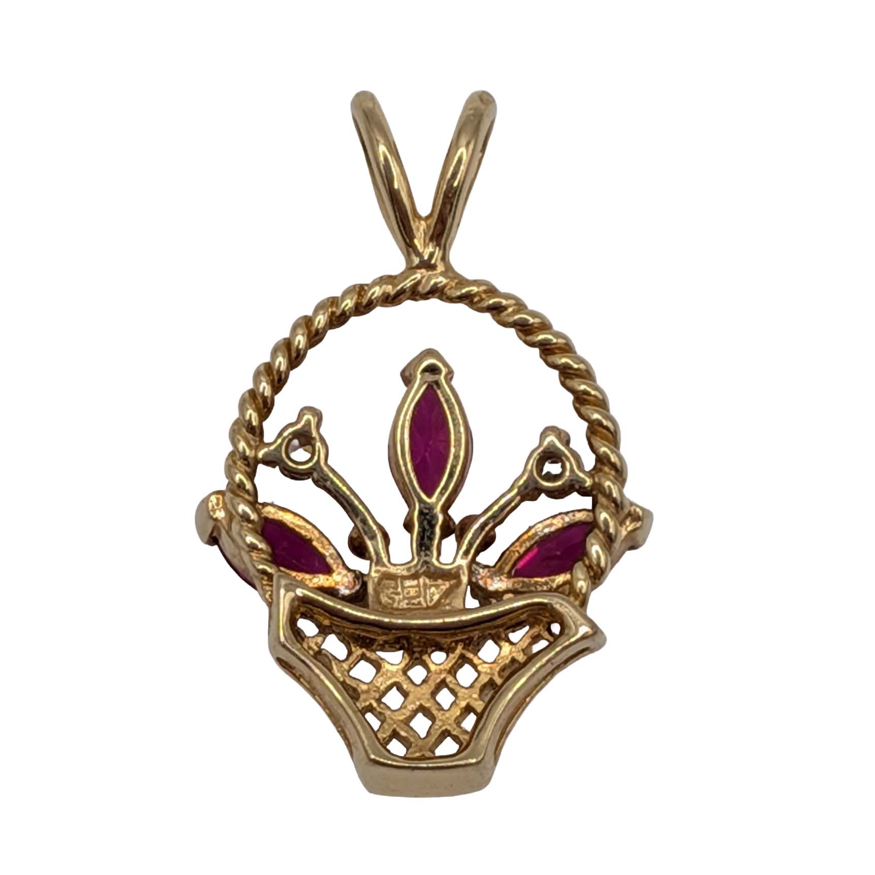 Signed Gold Over Sterling Silver Ruby CZ Floral Basket Pendant