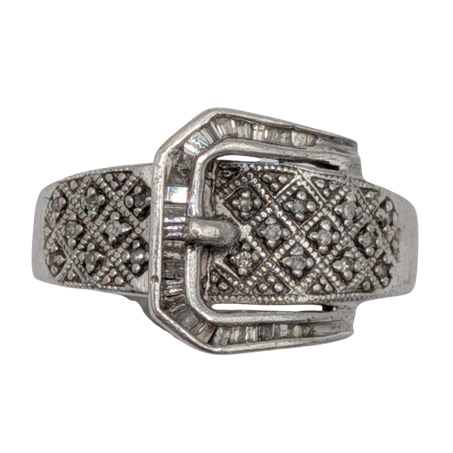 Signed Sterling Silver Diamond Pave Buckle Band Ring Size 6.5