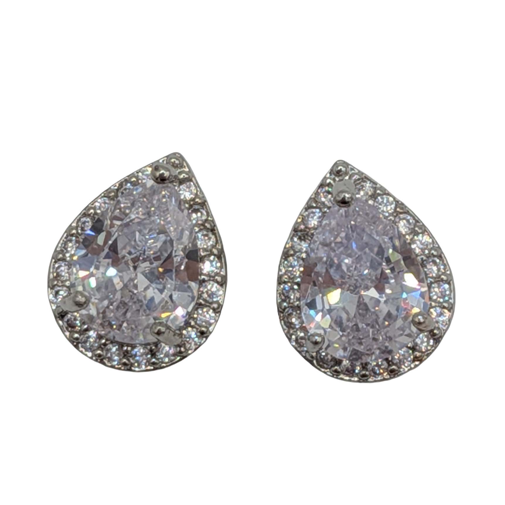 Sterling Silver CZ Pear Cut Halo Stud Earrings