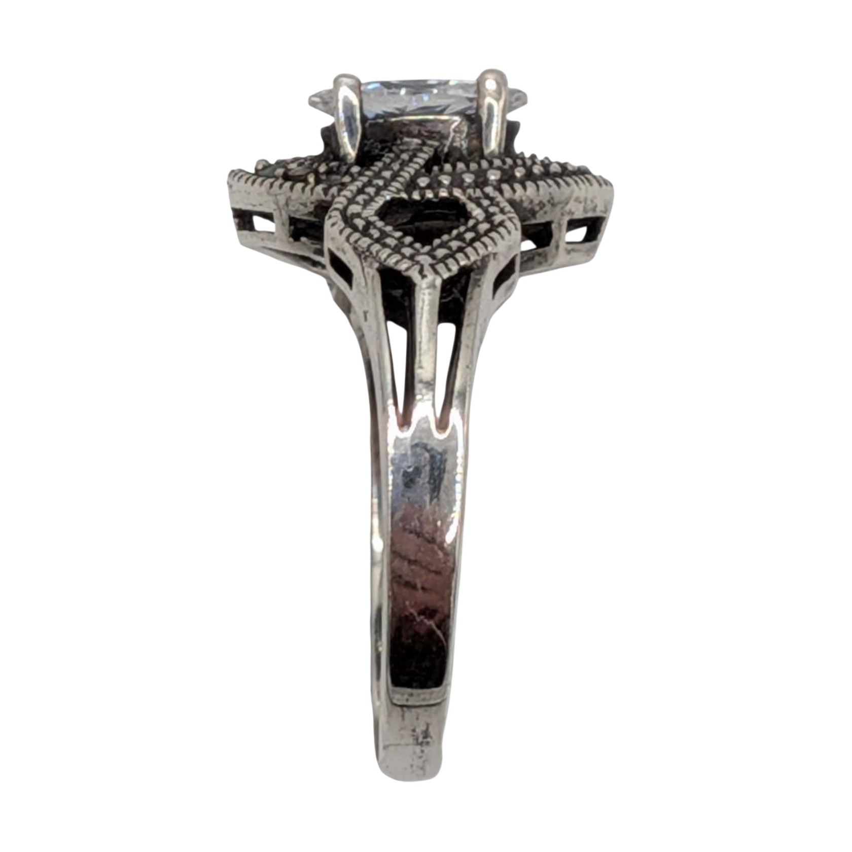 Signed Sterling Silver Rhinestone Marcasite Ring Size 8