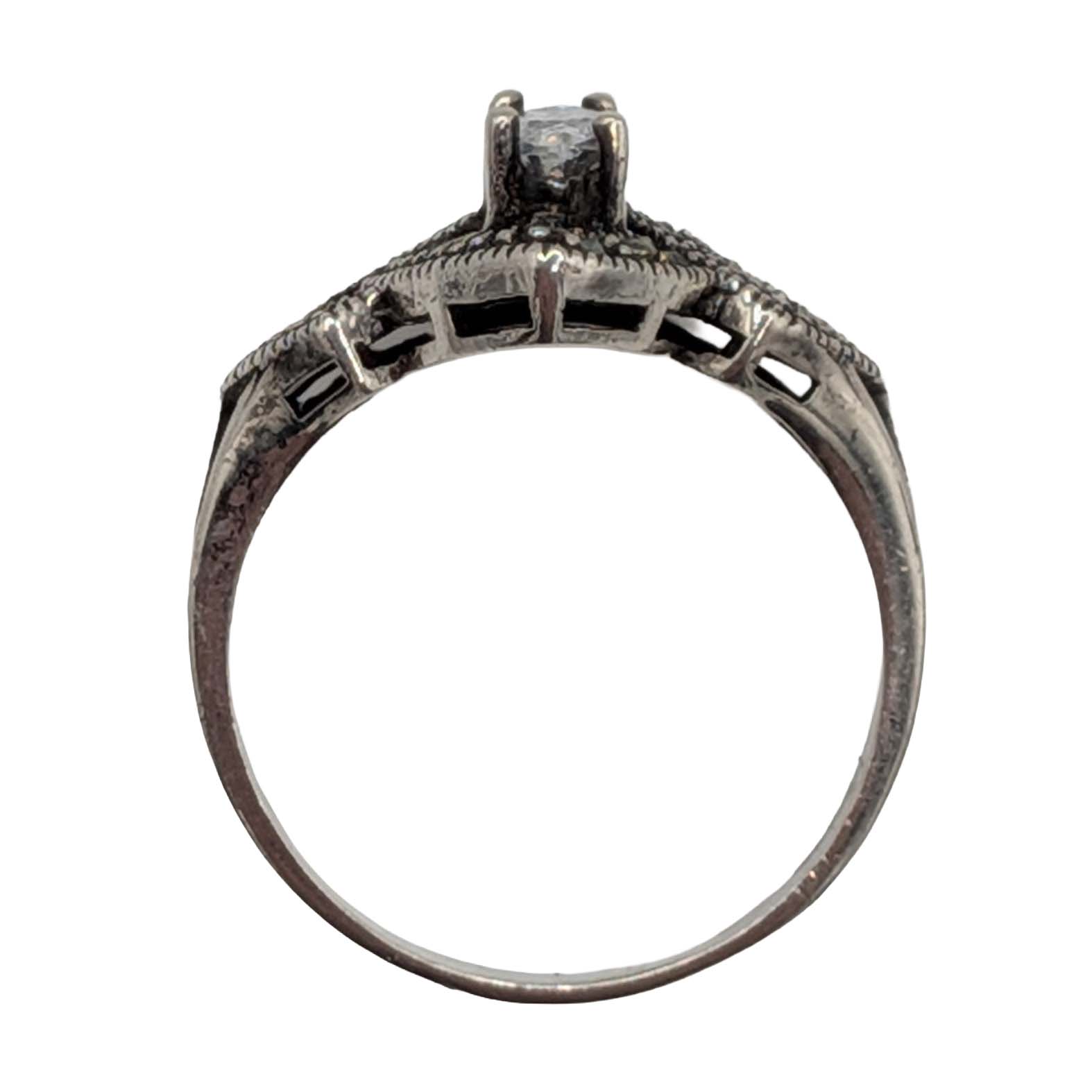 Signed Sterling Silver Rhinestone Marcasite Ring Size 8