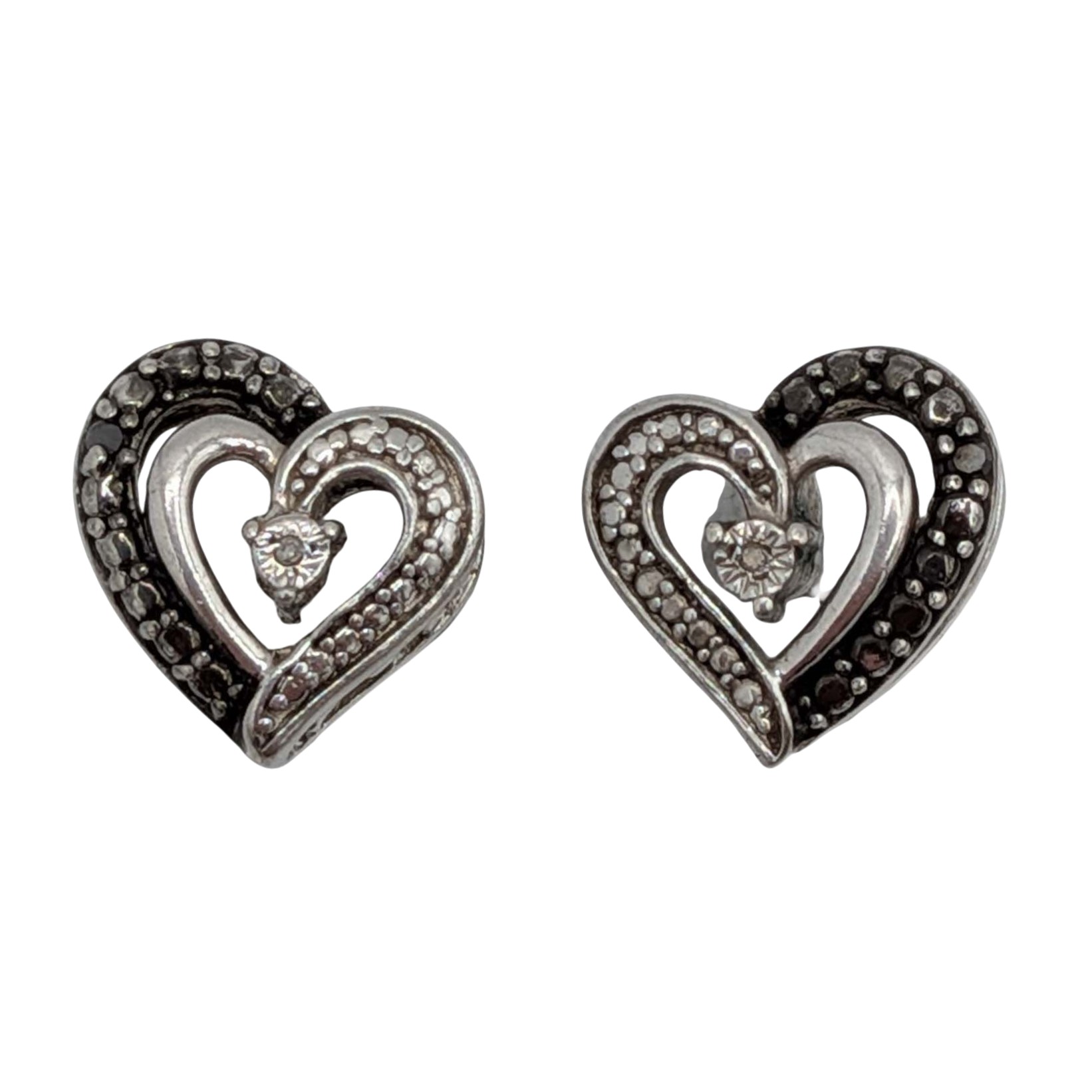 Signed Sterling Silver Diamond Heart Stud Earrings