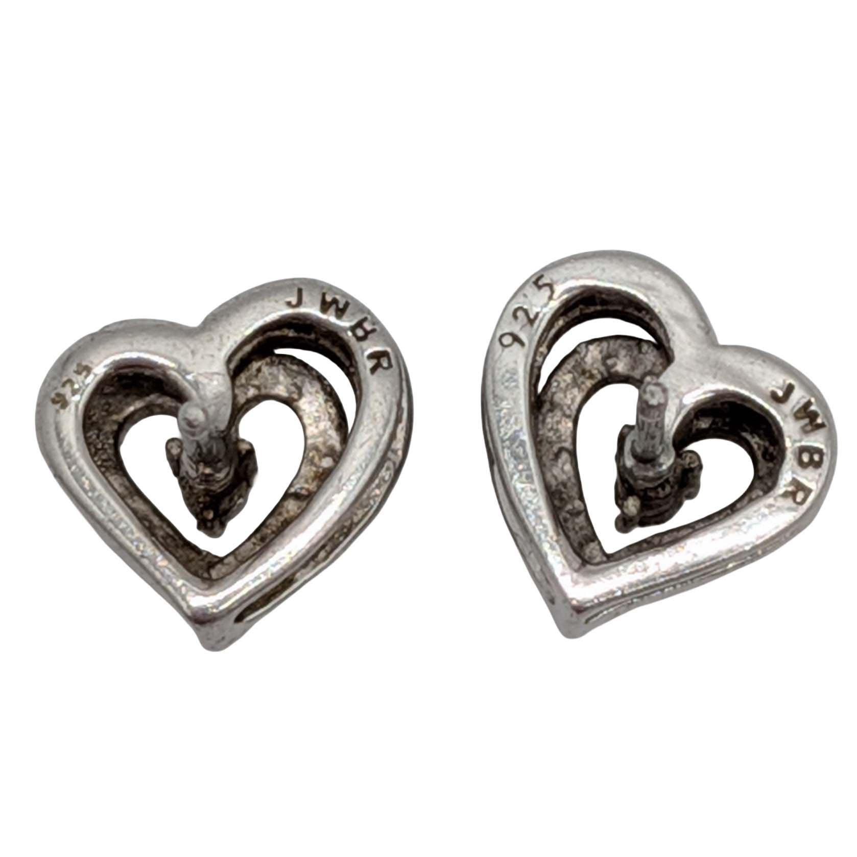 Signed Sterling Silver Diamond Heart Stud Earrings