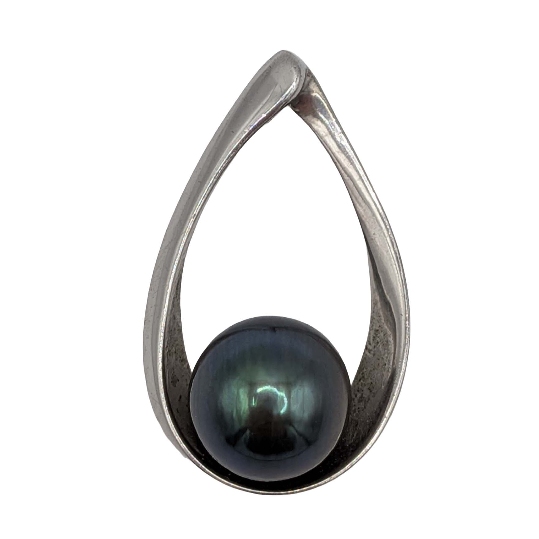 Signed Sterling Silver Slide Through Teardrop Faux Black Pearl Pendant