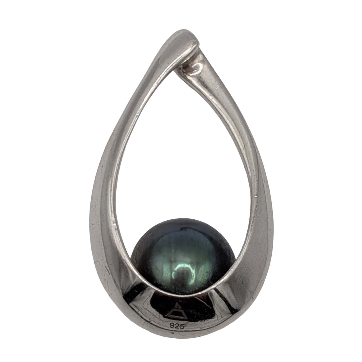 Signed Sterling Silver Slide Through Teardrop Faux Black Pearl Pendant