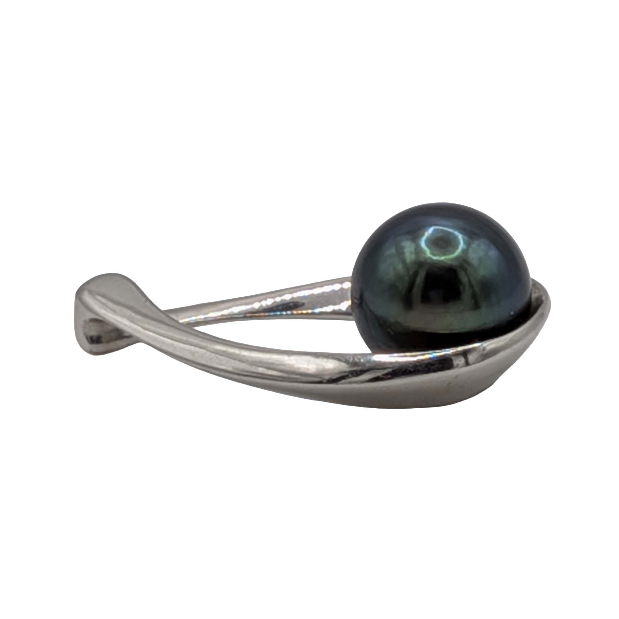 Signed Sterling Silver Slide Through Teardrop Faux Black Pearl Pendant