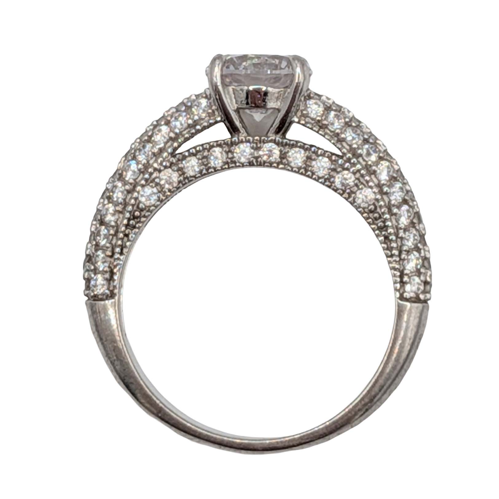 Signed Sterling Silver CZ Round Cut Pave Set Solitaire Ring Size 6.75