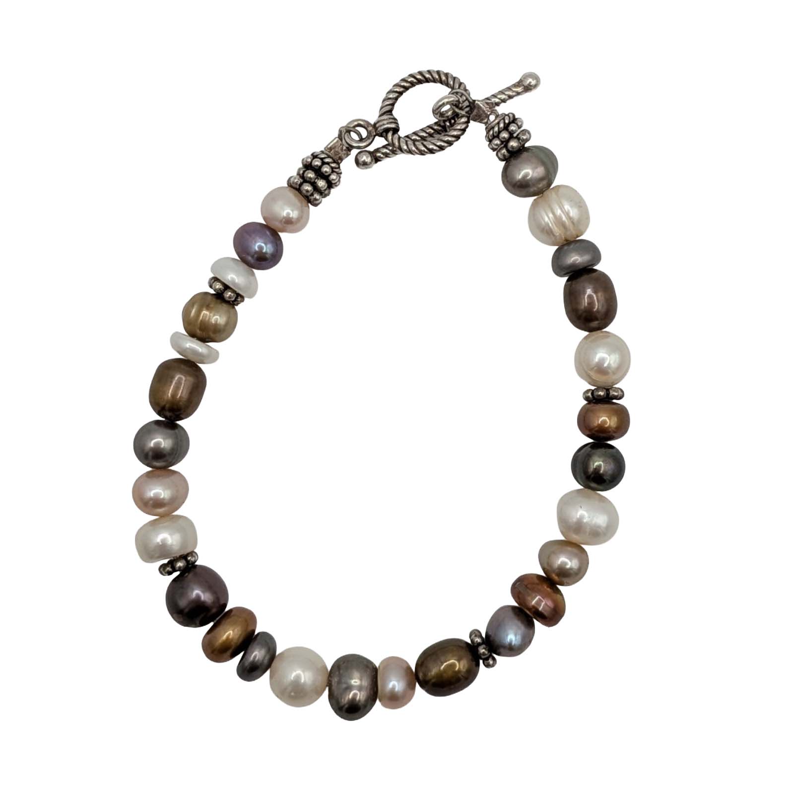 Sterling Silver Multi Colored Pearl Toggle Clasp Bracelet