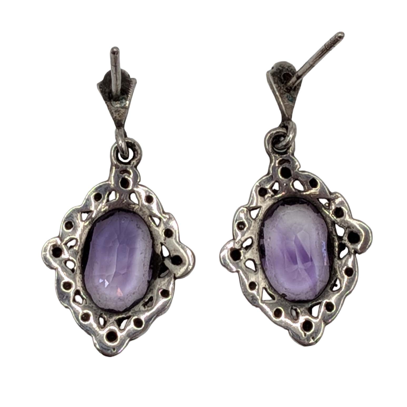 Sterling Silver Amethyst Marcasite Oval Drop Stud Earrings