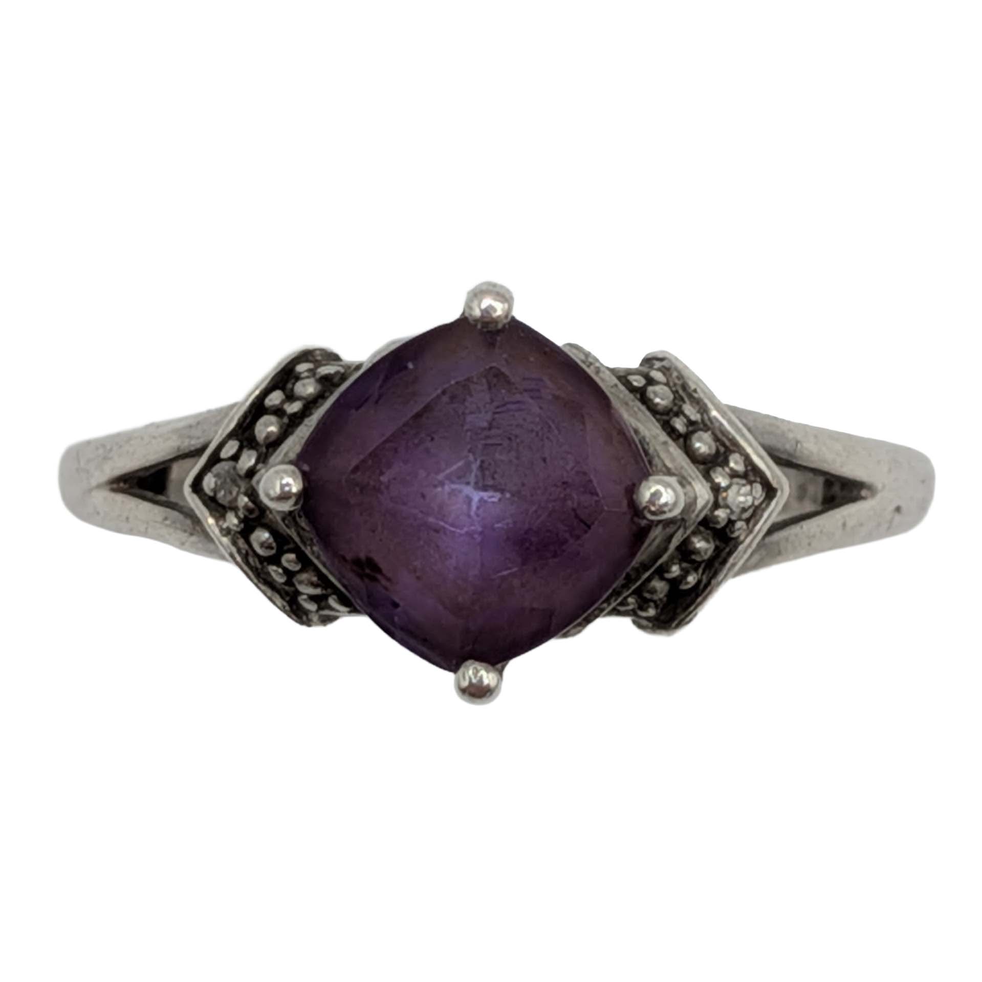 Sterling Silver Amethyst Diamond Square Cut Ring Size 7