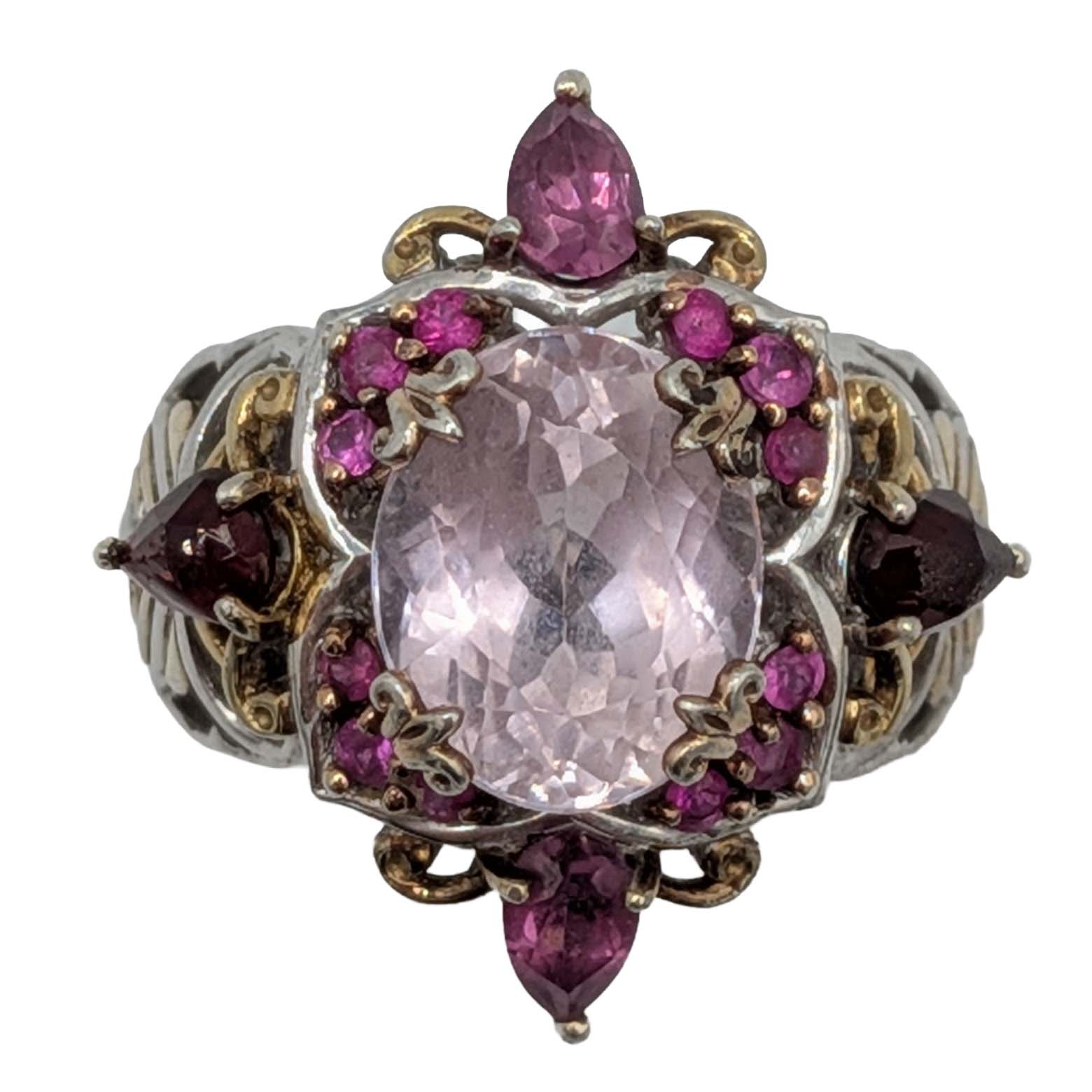 Signed Sterling Silver Ruby Multi-Stone Cluster Scroll Cut Ring Size 6.75