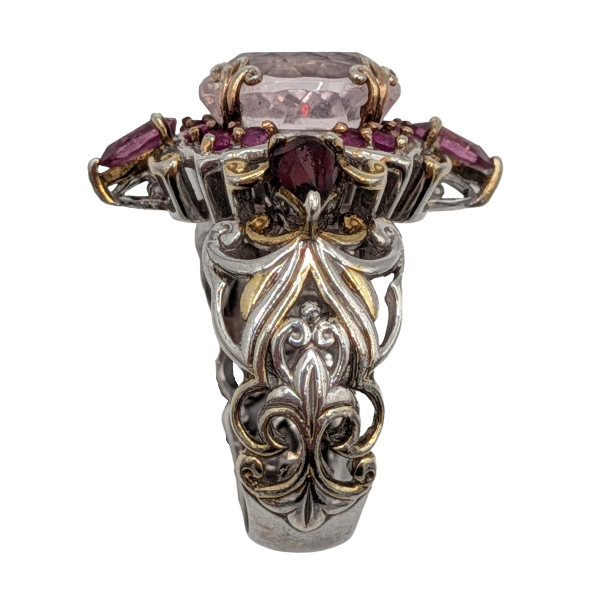 Signed Sterling Silver Ruby Multi-Stone Cluster Scroll Cut Ring Size 6.75