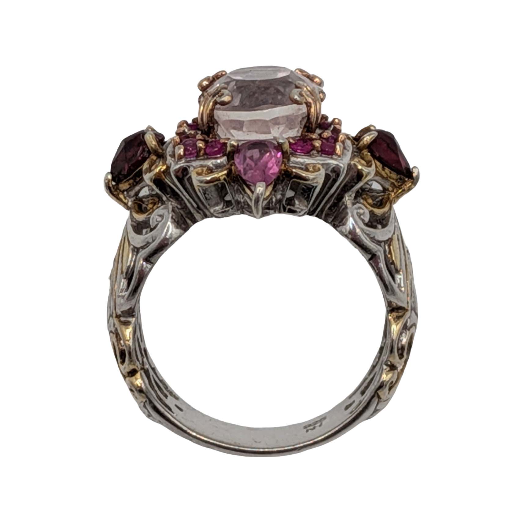 Signed Sterling Silver Ruby Multi-Stone Cluster Scroll Cut Ring Size 6.75