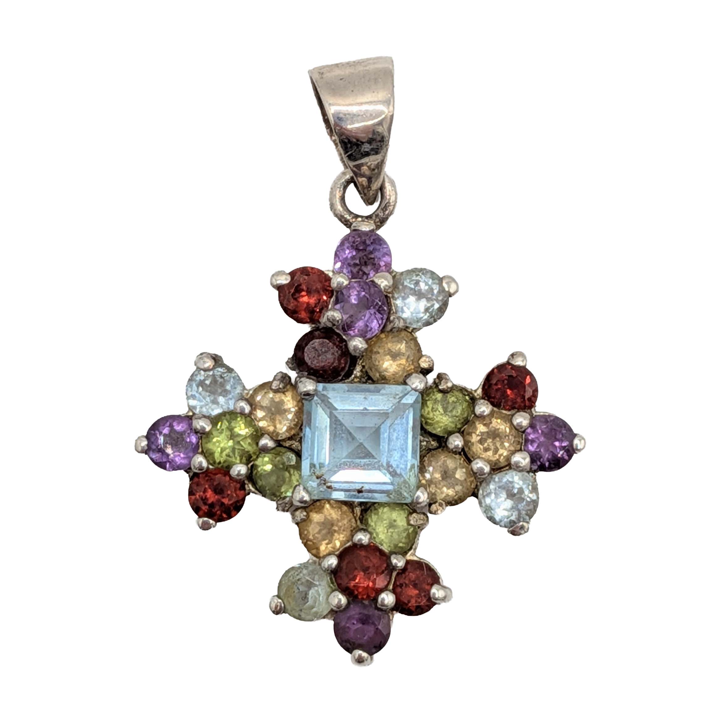 Signed Sterling Silver Multi-Stone Cross Pendant