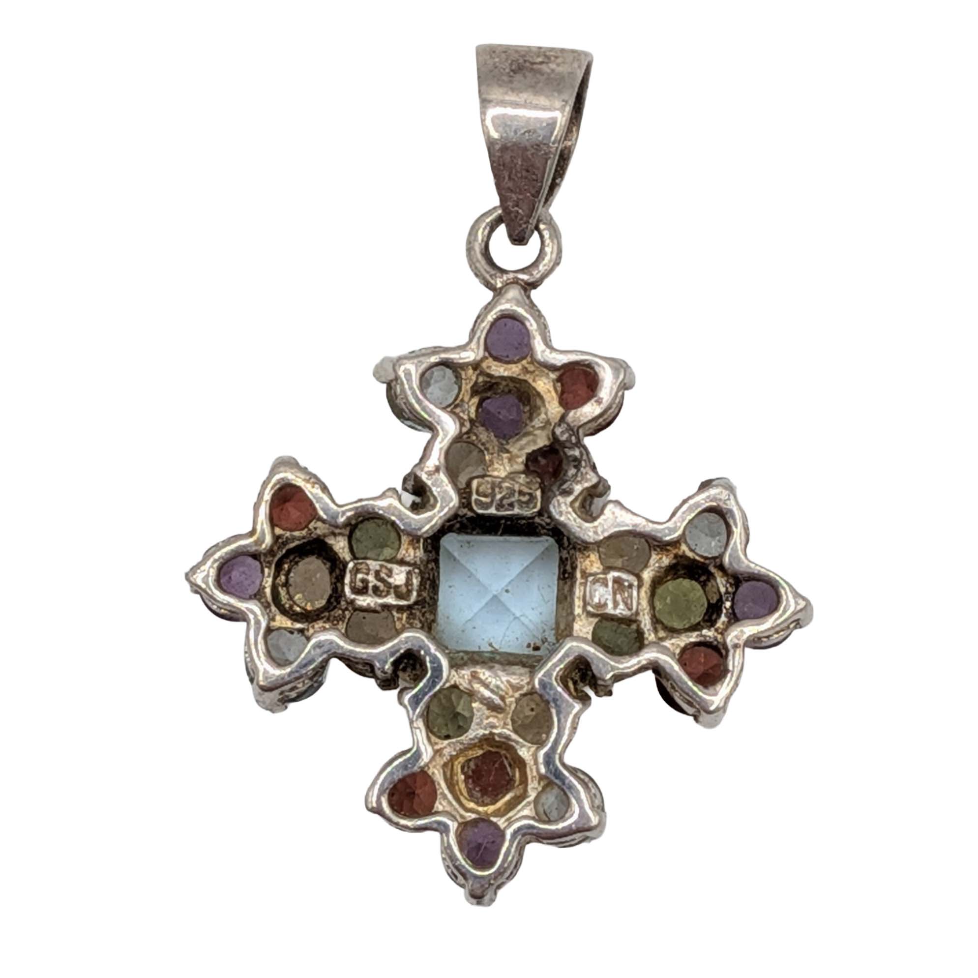 Signed Sterling Silver Multi-Stone Cross Pendant