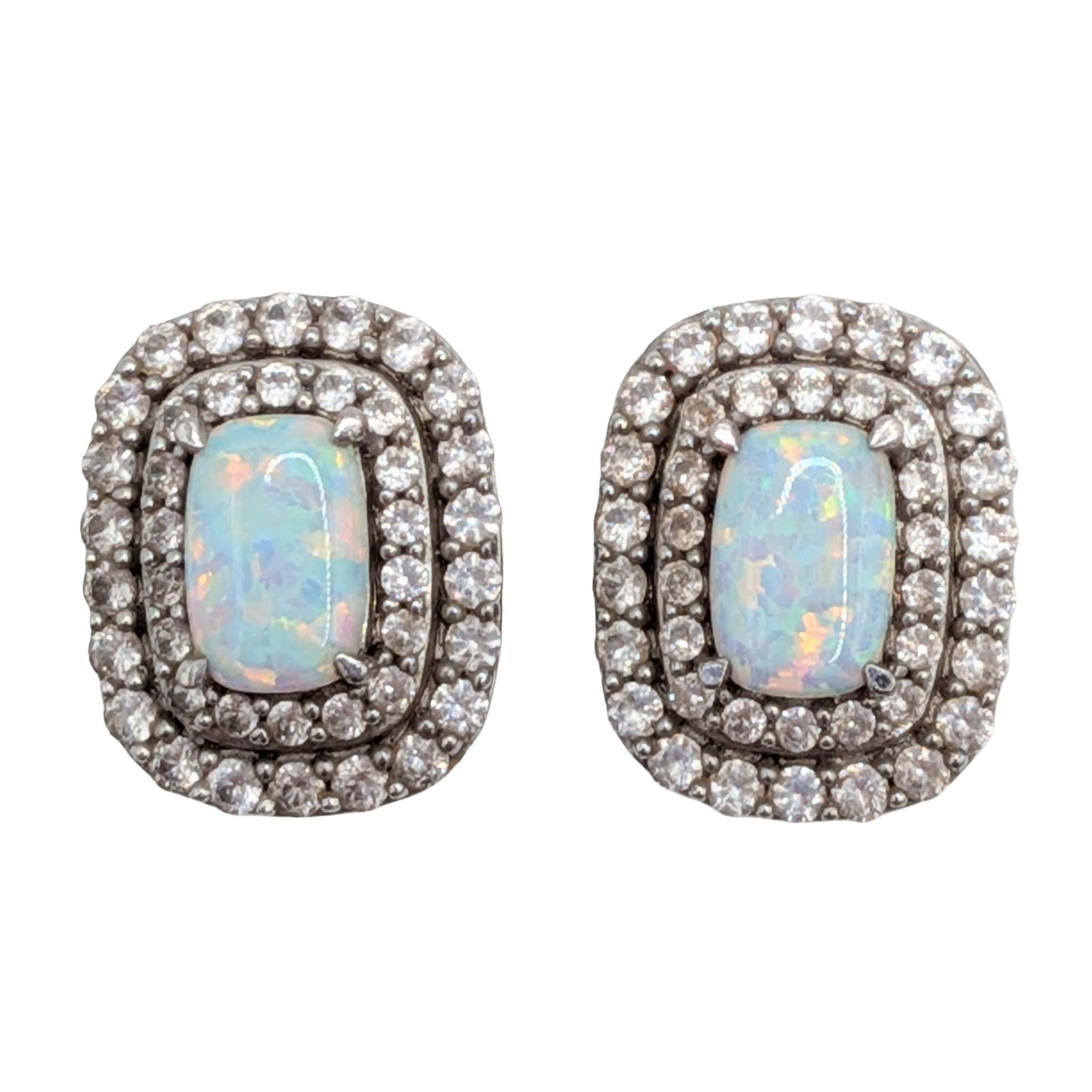 Signed Sterling Silver Opal White Topaz Double Halo Stud Earrings