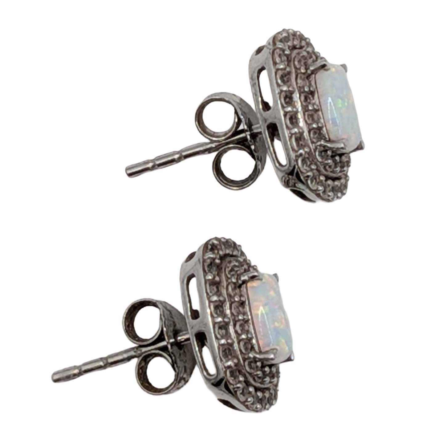 Signed Sterling Silver Opal White Topaz Double Halo Stud Earrings