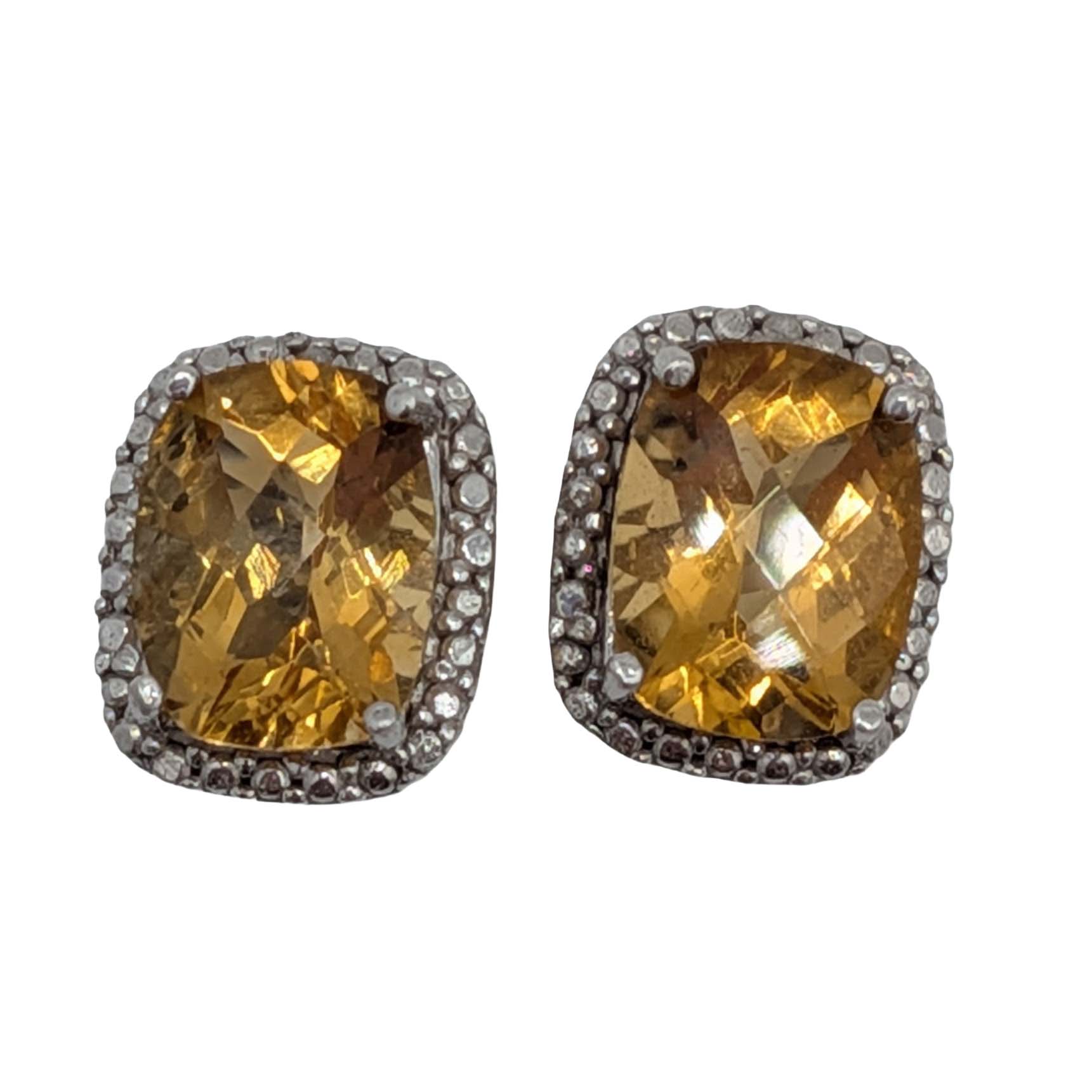 Signed Sterling Silver Diamond Citrine Halo Stud Earrings