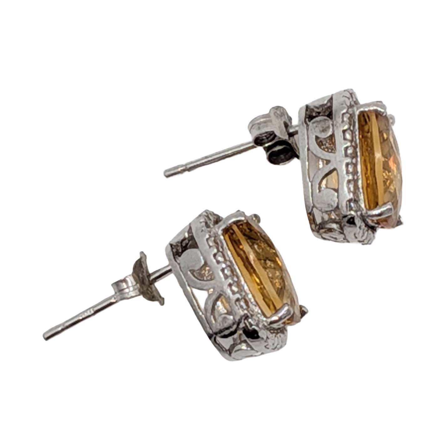 Signed Sterling Silver Diamond Citrine Halo Stud Earrings