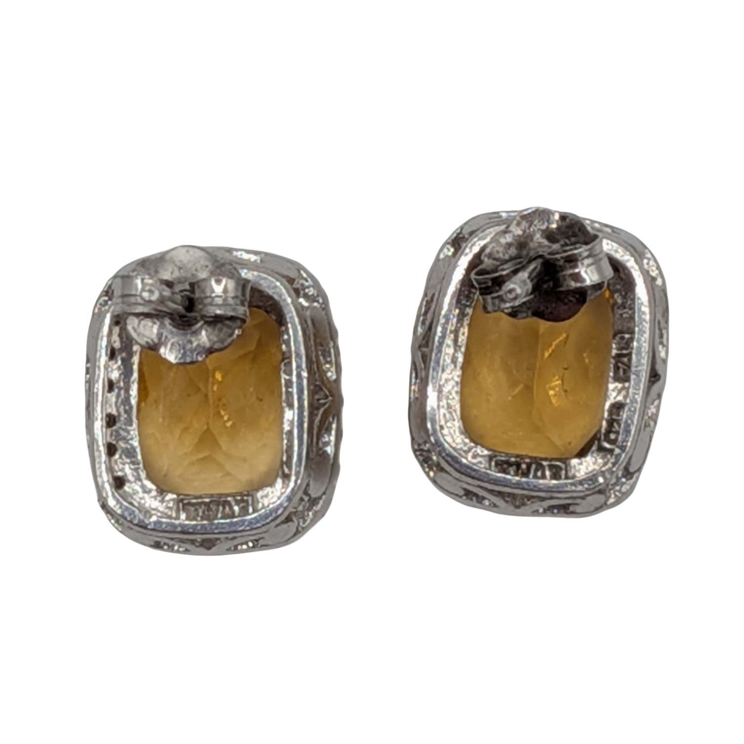 Signed Sterling Silver Diamond Citrine Halo Stud Earrings