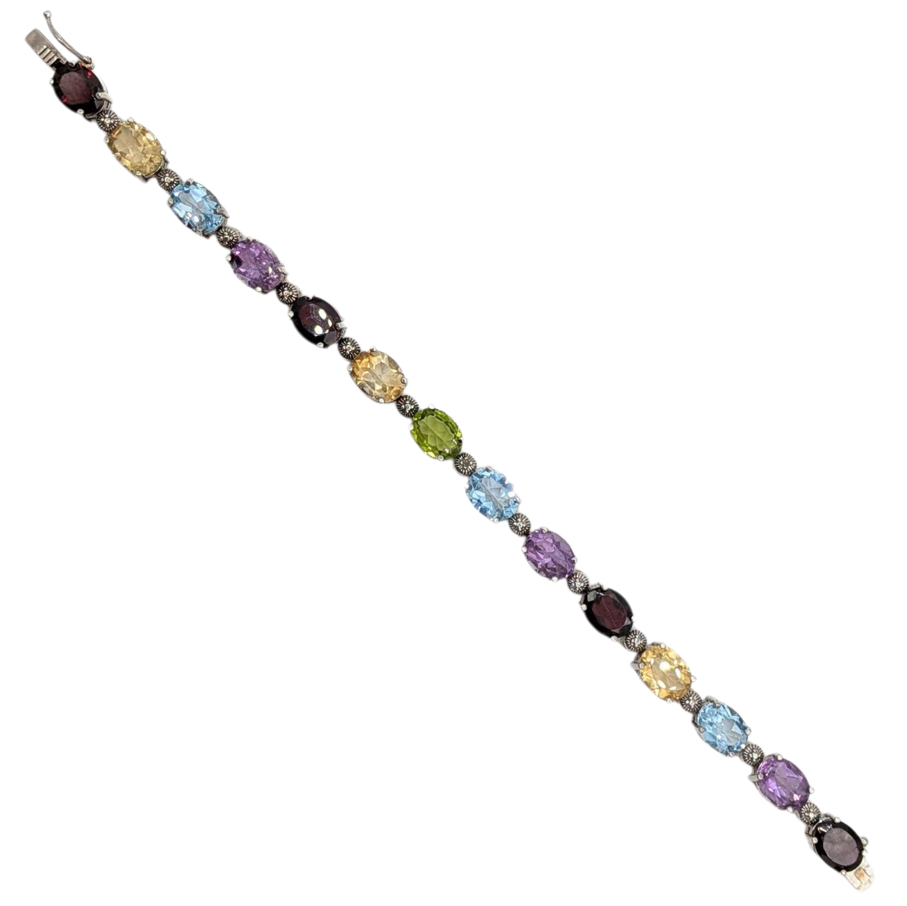 Signed Sterling Silver Oval Multi-Stone Tennis Bracelet