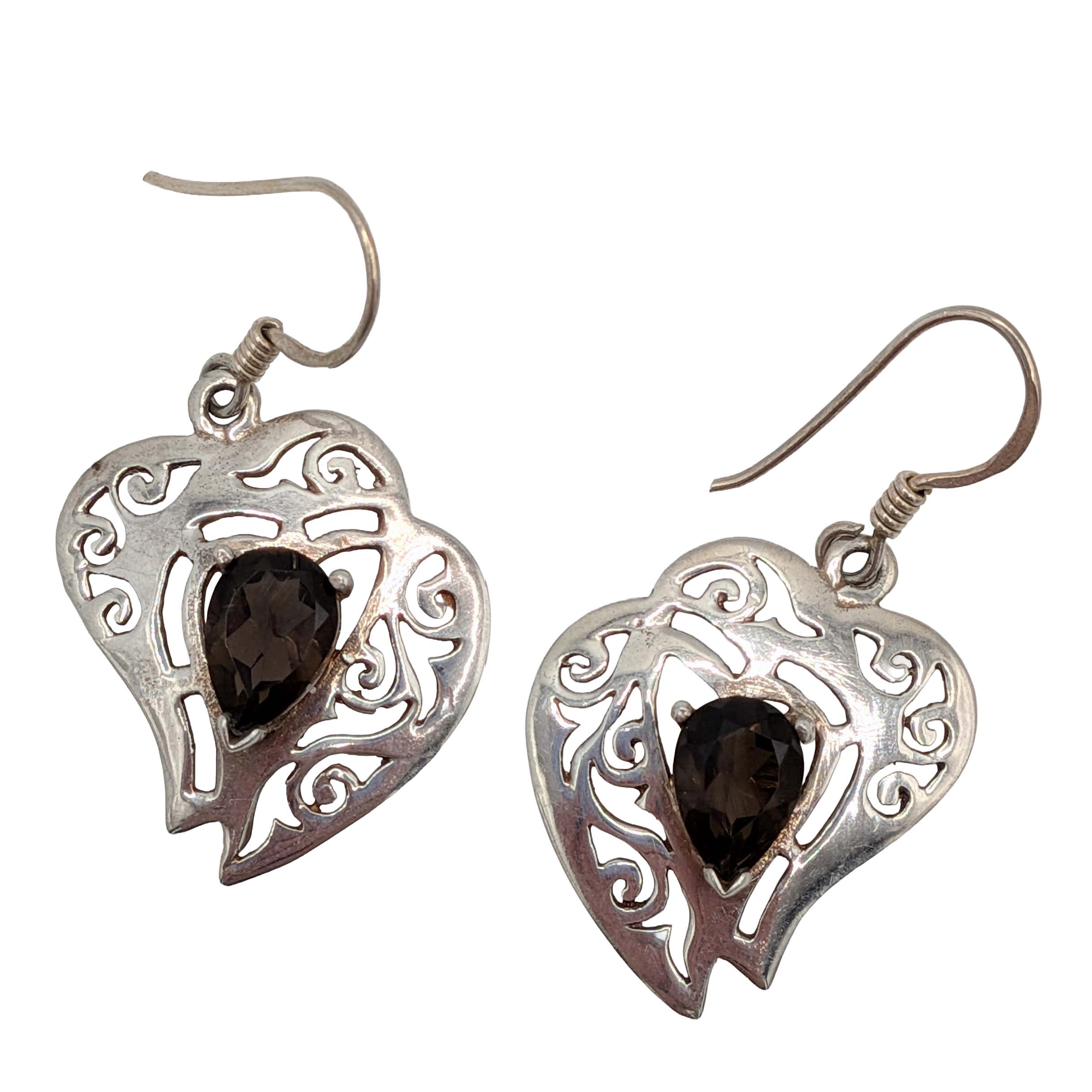 Sterling Silver Smoky Quartz Double Heart Dangle Earrings