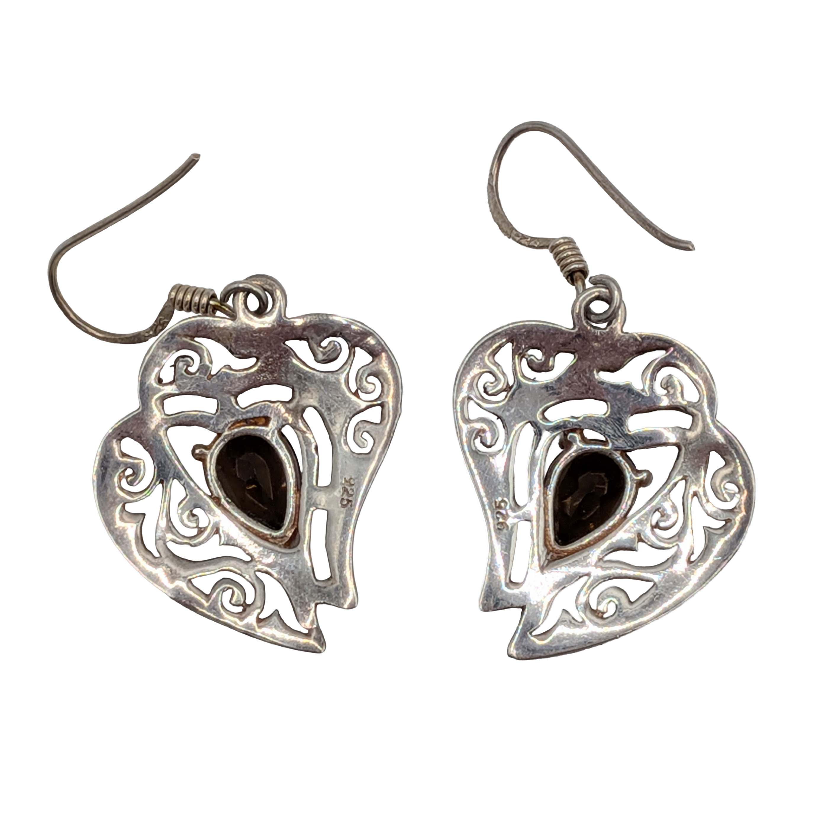 Sterling Silver Smoky Quartz Double Heart Dangle Earrings