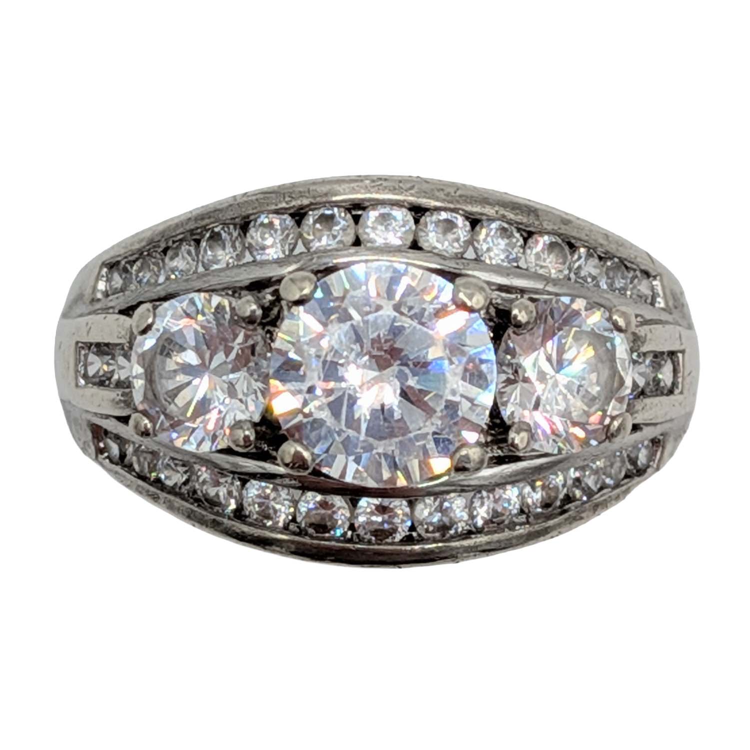 Signed Sterling Silver CZ Three Stone Anniversary Ring Size 6.75
