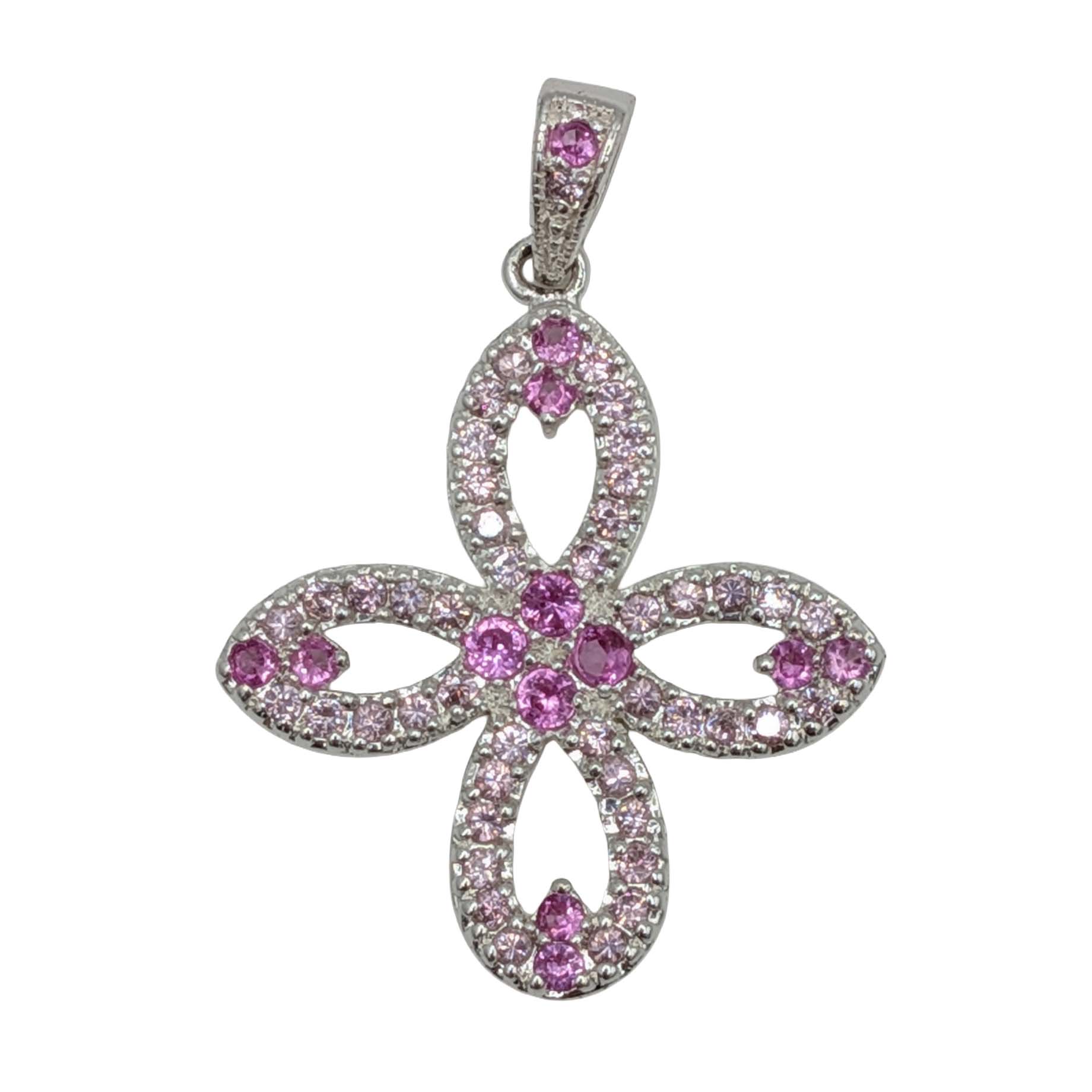 Signed Sterling Silver Ruby CZ Floral Cross Pendant