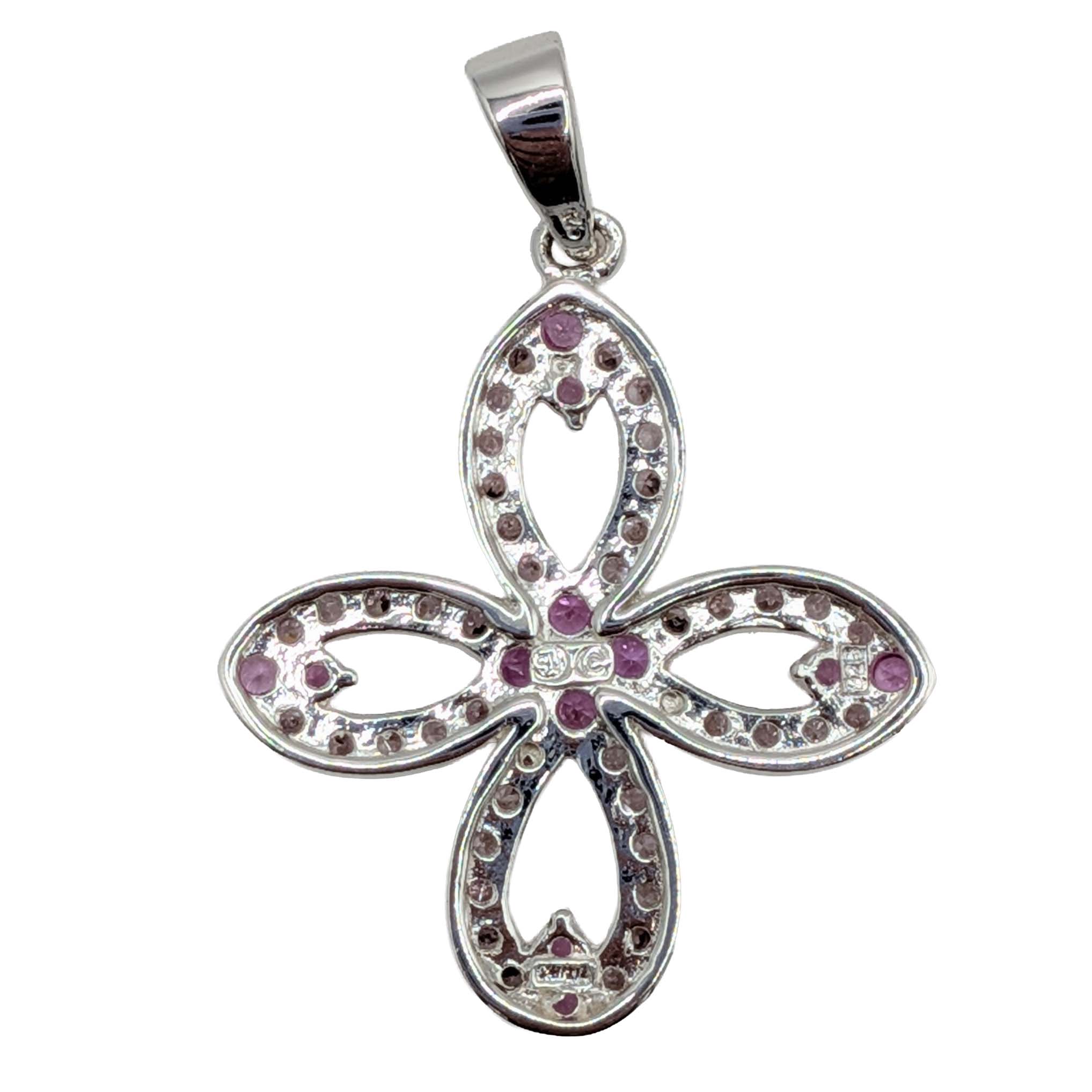 Signed Sterling Silver Ruby CZ Floral Cross Pendant