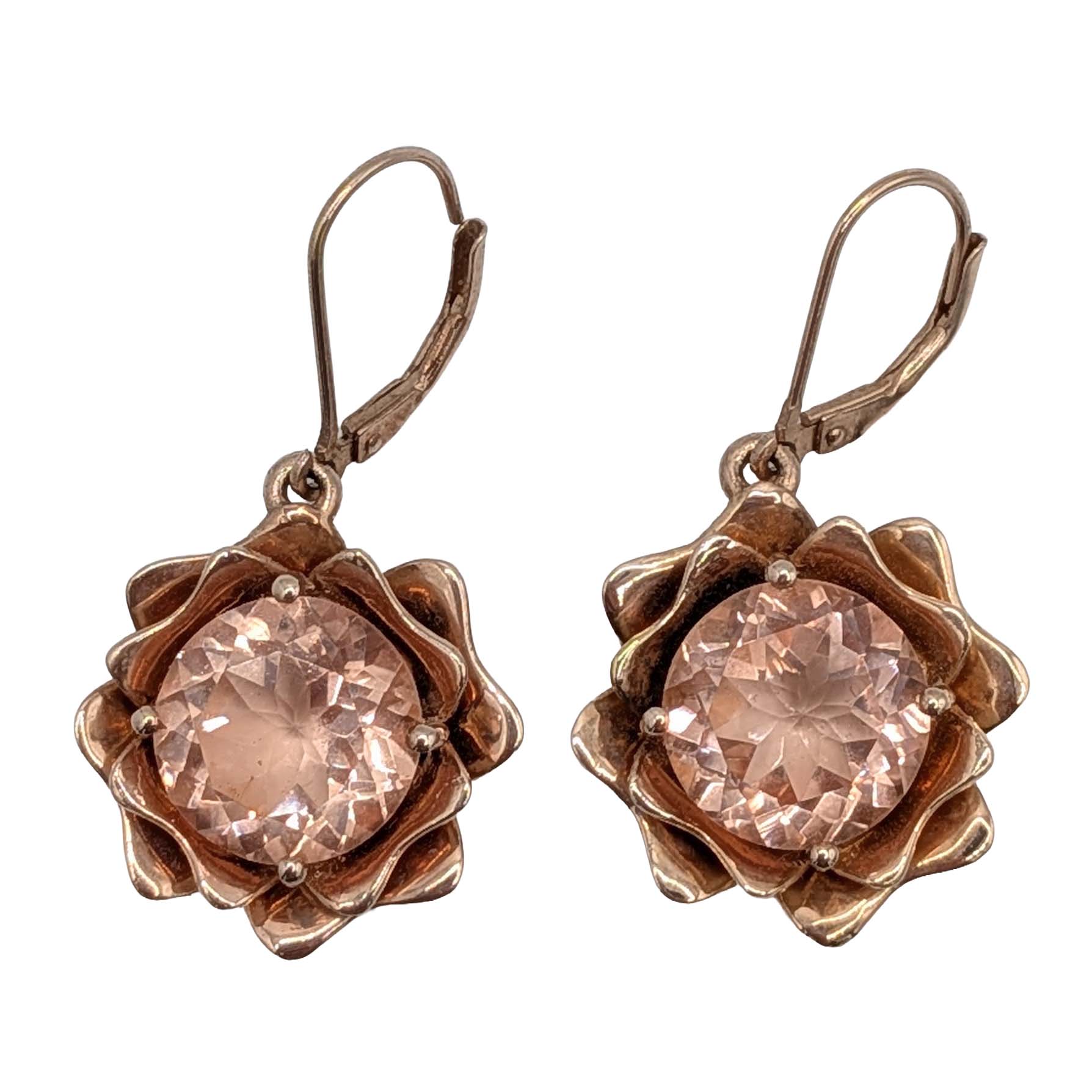 Signed Rose Gold Over Sterling Silver Rose Quartz Flower Drop Earrings