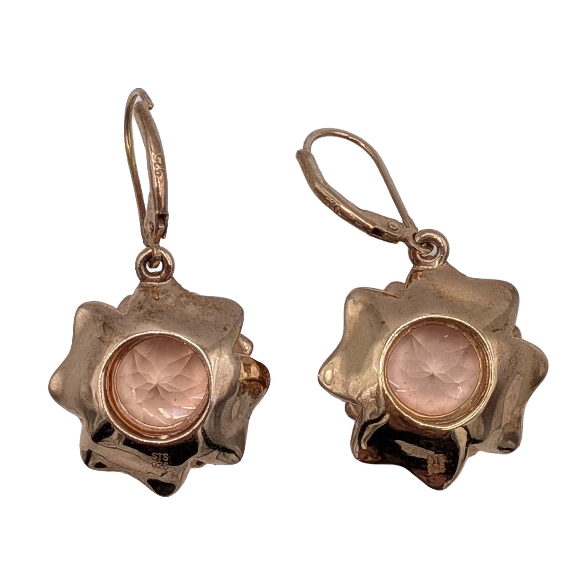 Signed Rose Gold Over Sterling Silver Rose Quartz Flower Drop Earrings