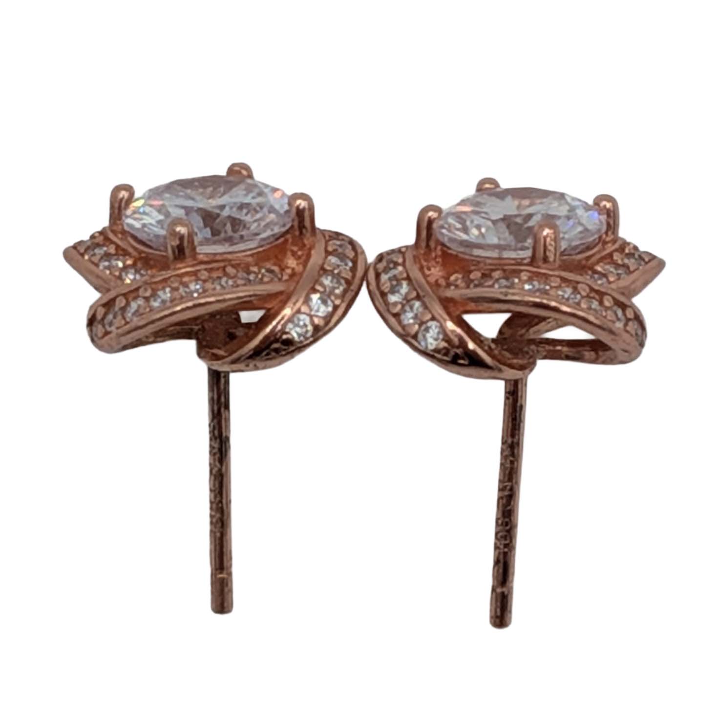 Signed Rose Gold Over Sterling Silver Rhinestone Twisted Halo Stud Earrings