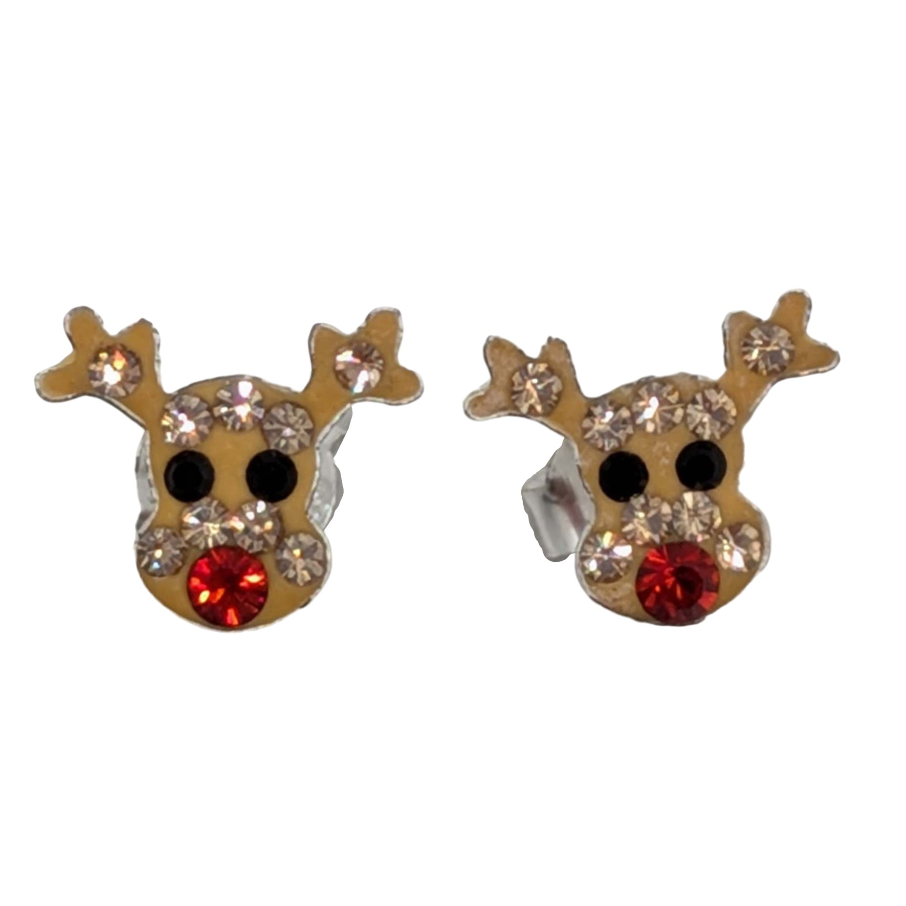 Signed Sterling Silver Rhinestone Reindeer Stud Earrings