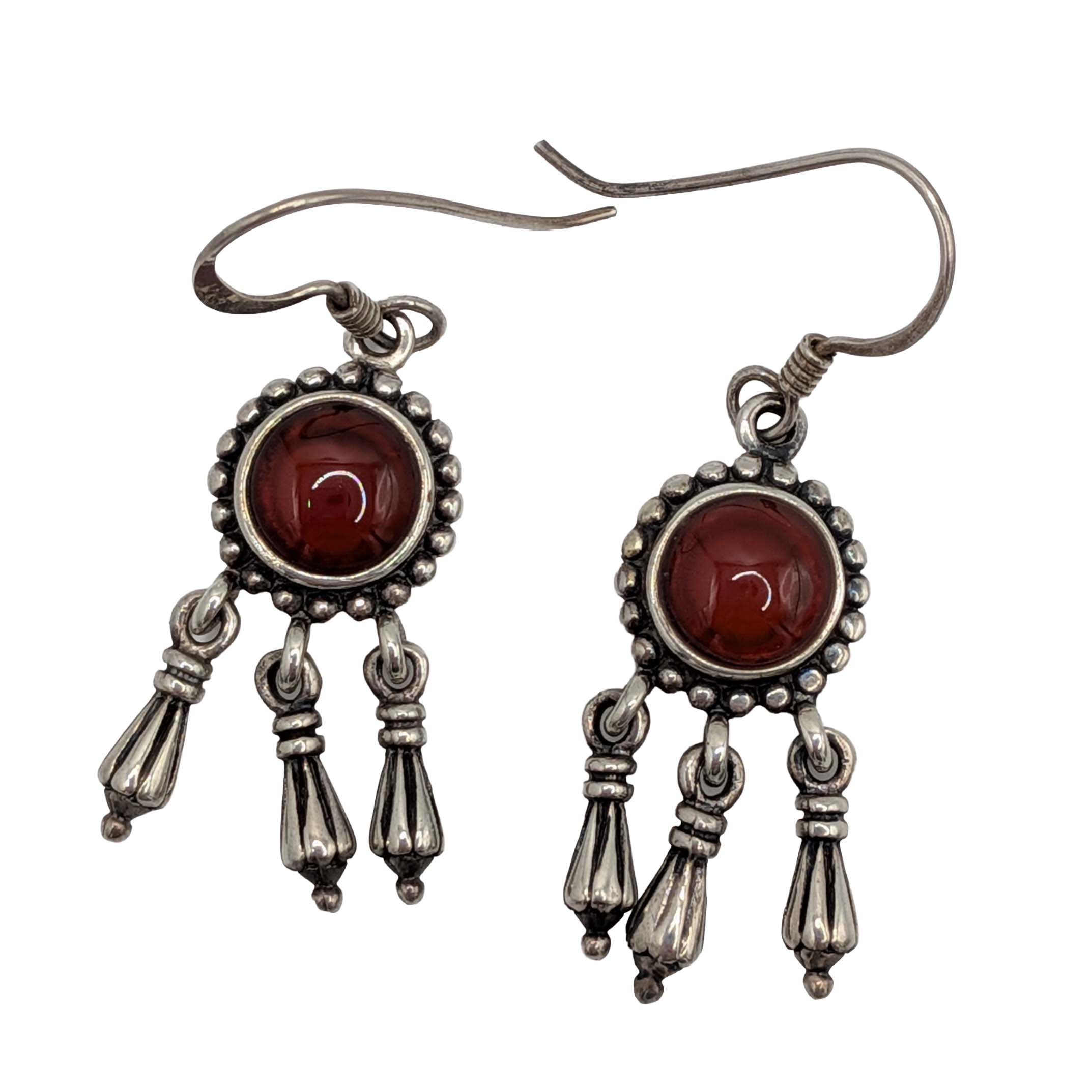 Signed Sterling Silver Red Glass Cabochon Dangle Earrings