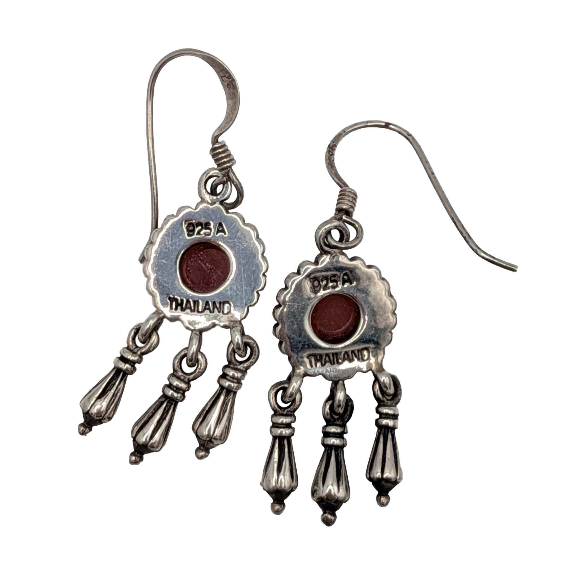 Signed Sterling Silver Red Glass Cabochon Dangle Earrings