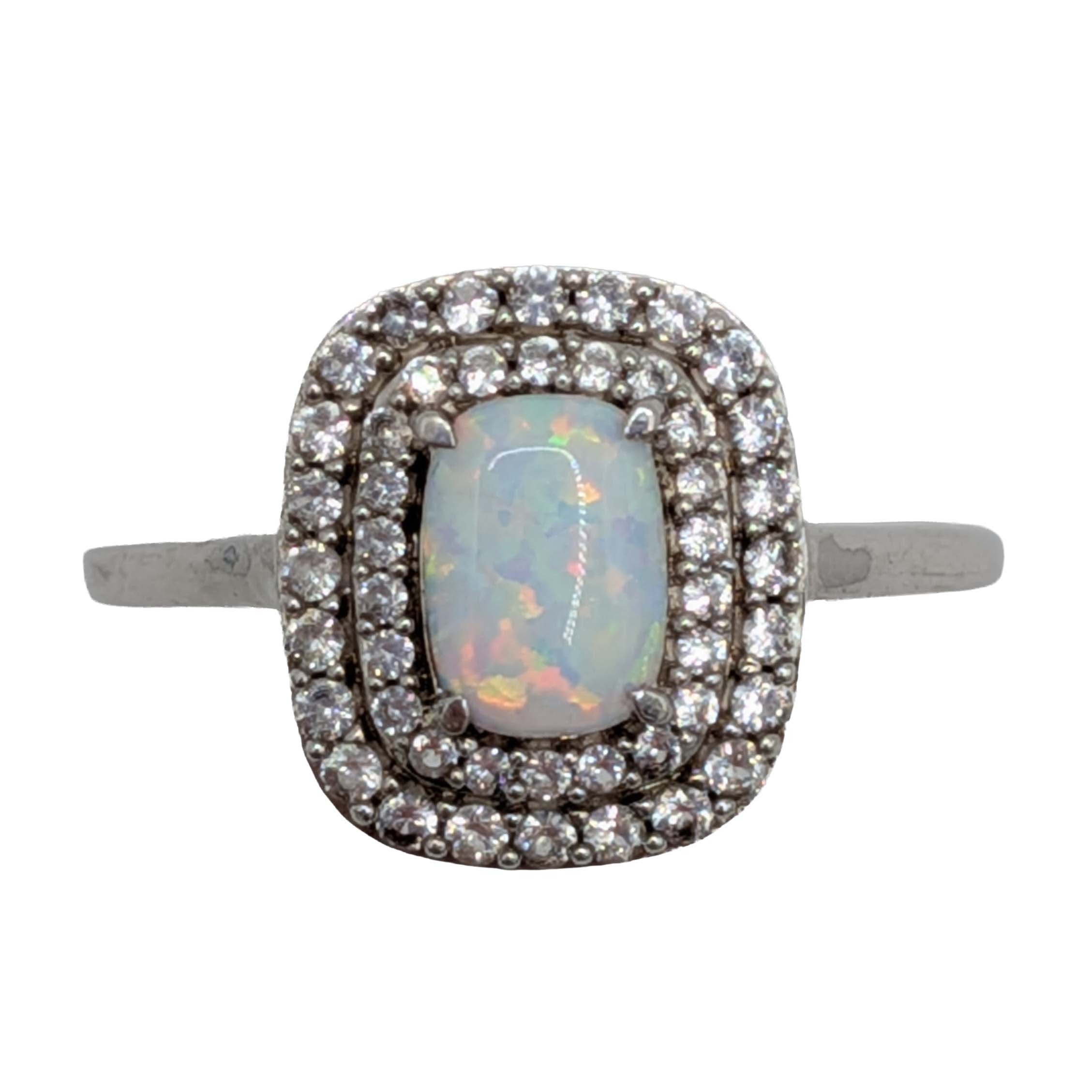 Signed Sterling Silver Opal White Topaz Double Halo Ring Size 7