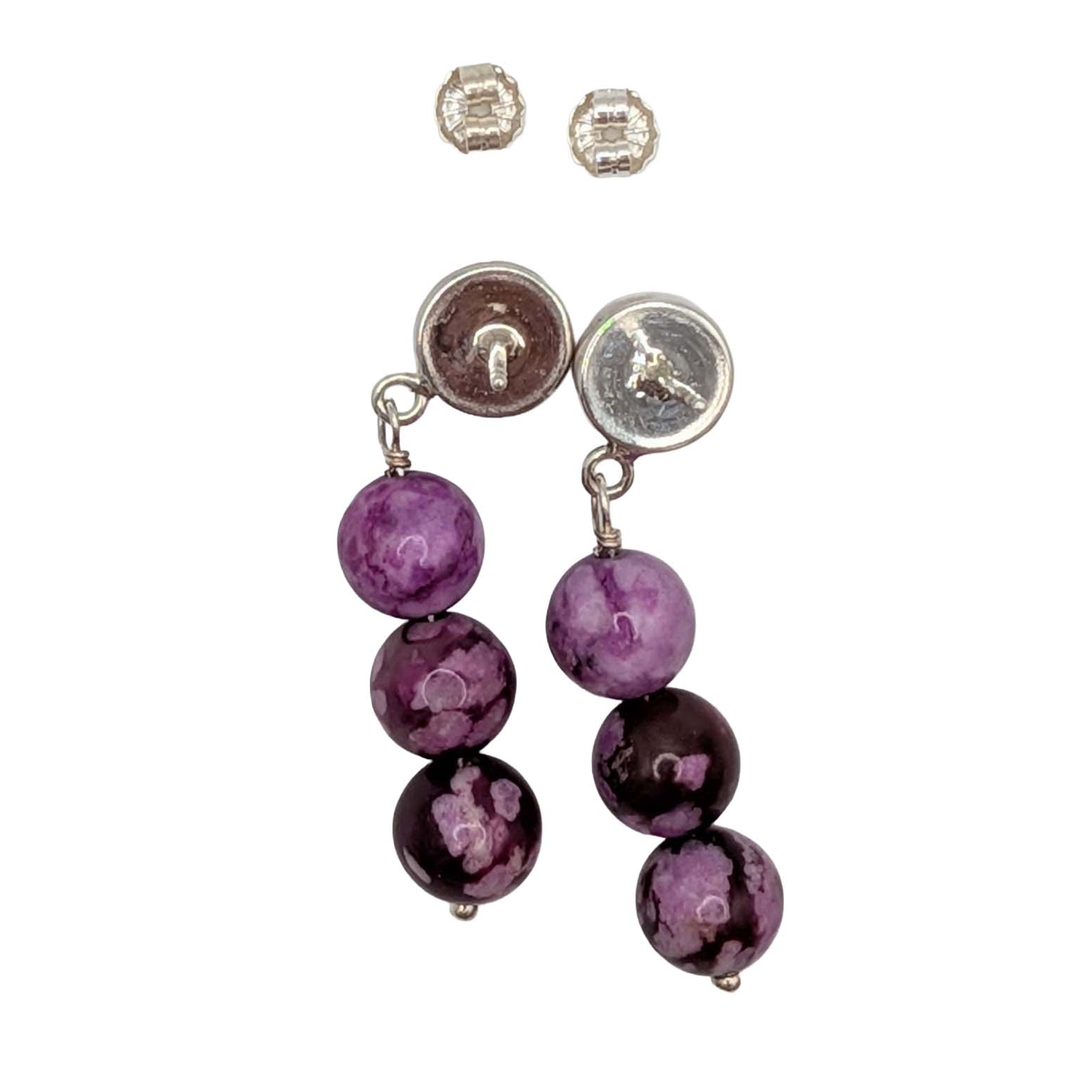 Sterling Silver Purple Agate Bead Dangle Stud Earrings