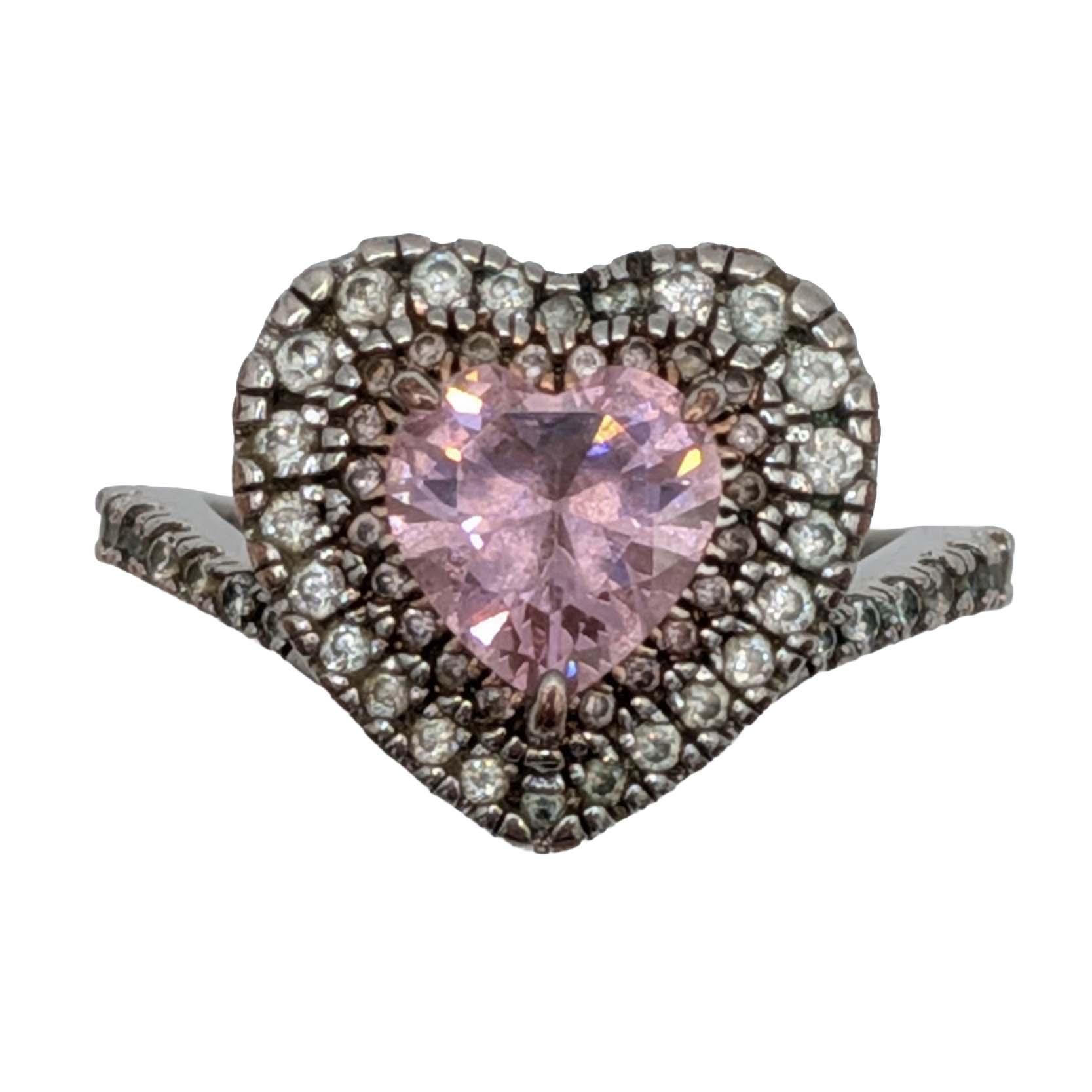 Sterling Silver Pink Rhinestone Halo Heart Ring Size 5.25