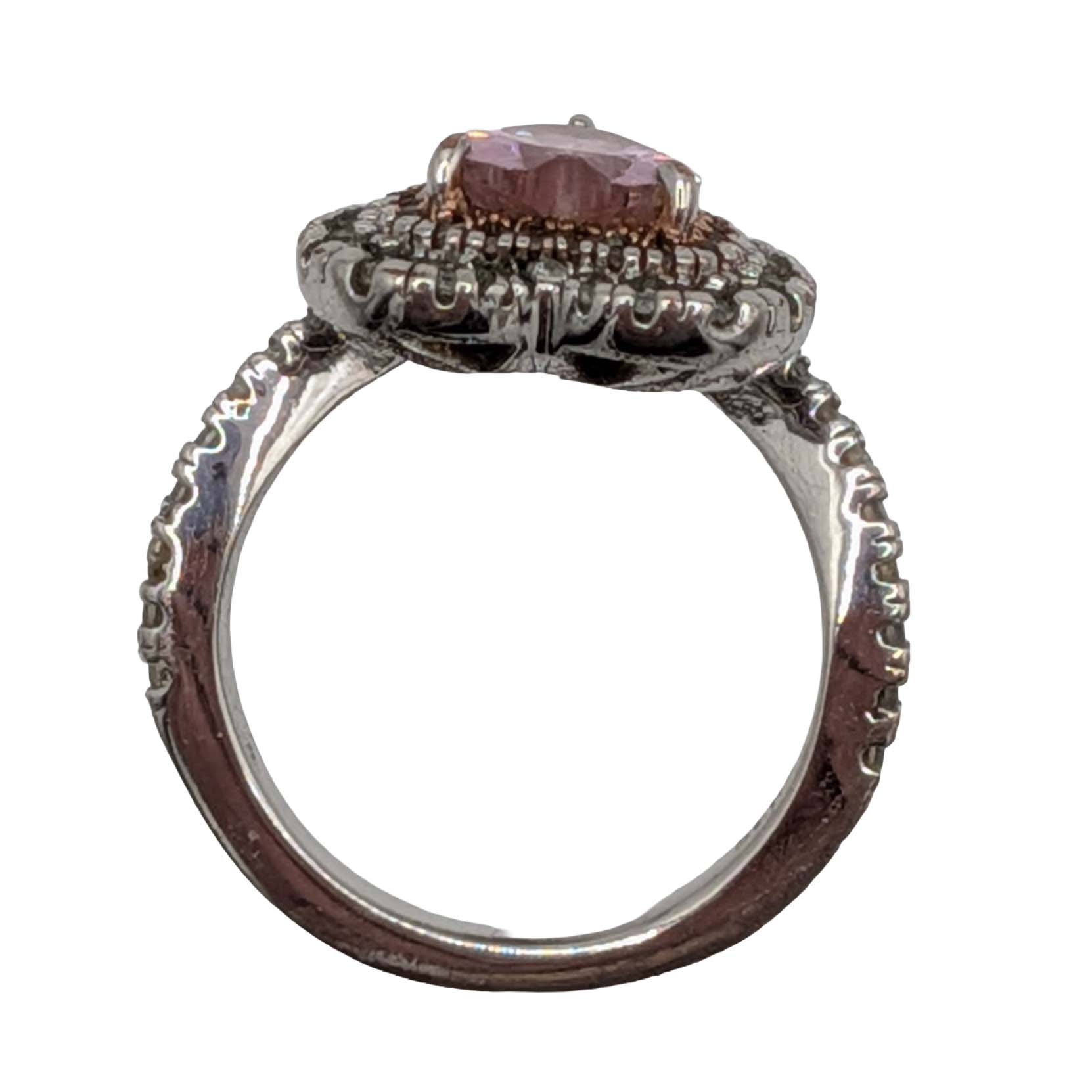 Sterling Silver Pink Rhinestone Halo Heart Ring Size 5.25