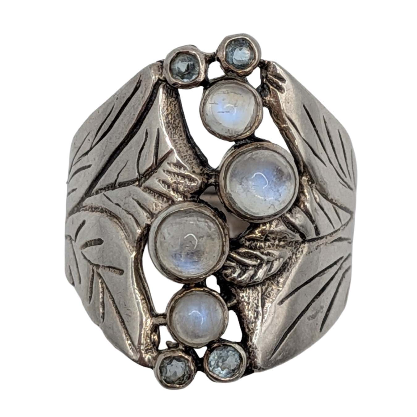 Signed Sterling Silver Topaz Moonstone Leaf Wrap Ring Size 7