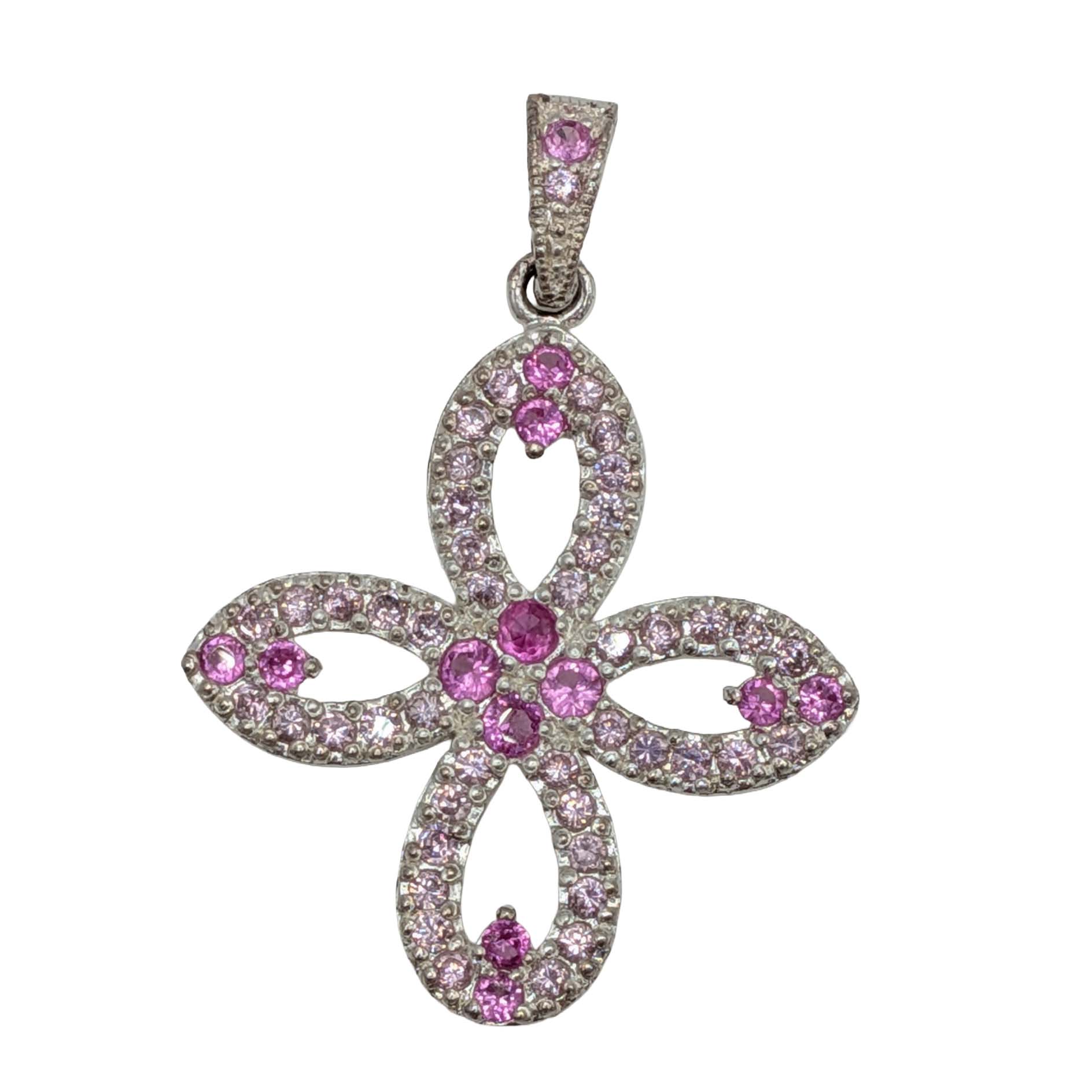 Signed Sterling Silver Ruby Pink CZ Four Petal Flower Pendant