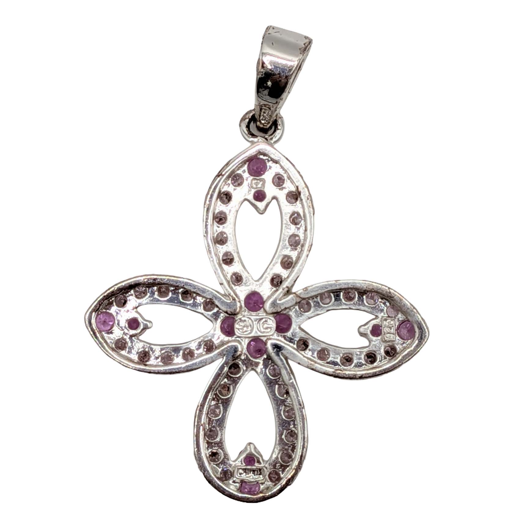 Signed Sterling Silver Ruby Pink CZ Four Petal Flower Pendant