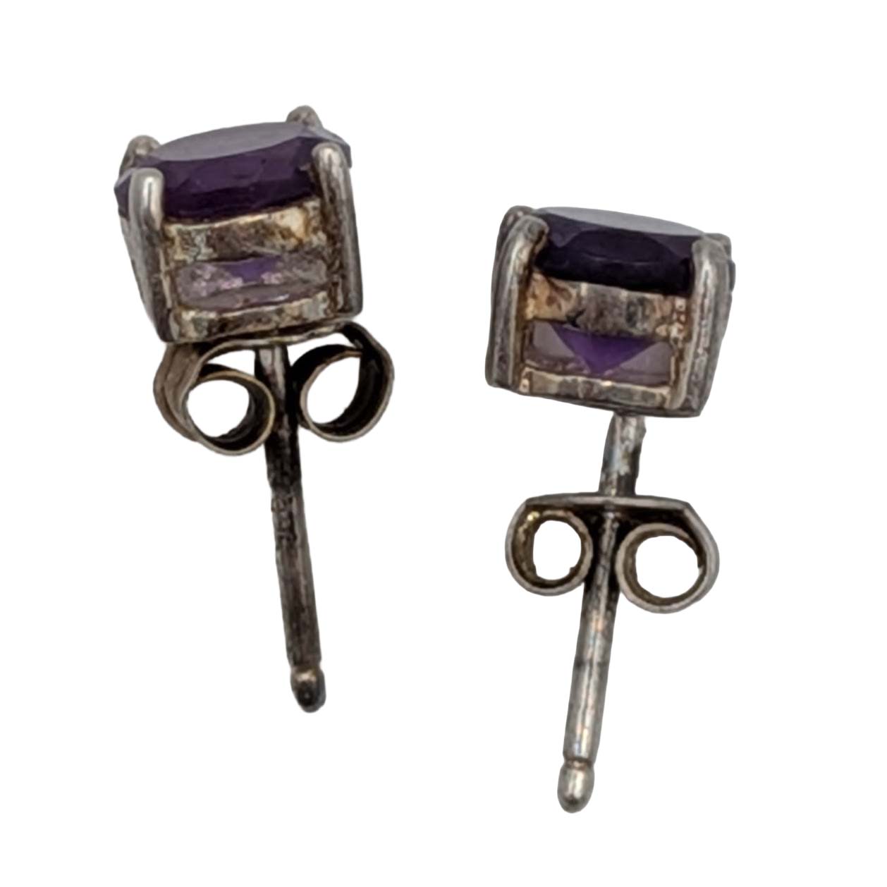 Signed Sterling Silver Amethyst Solitaire Stud Earrings