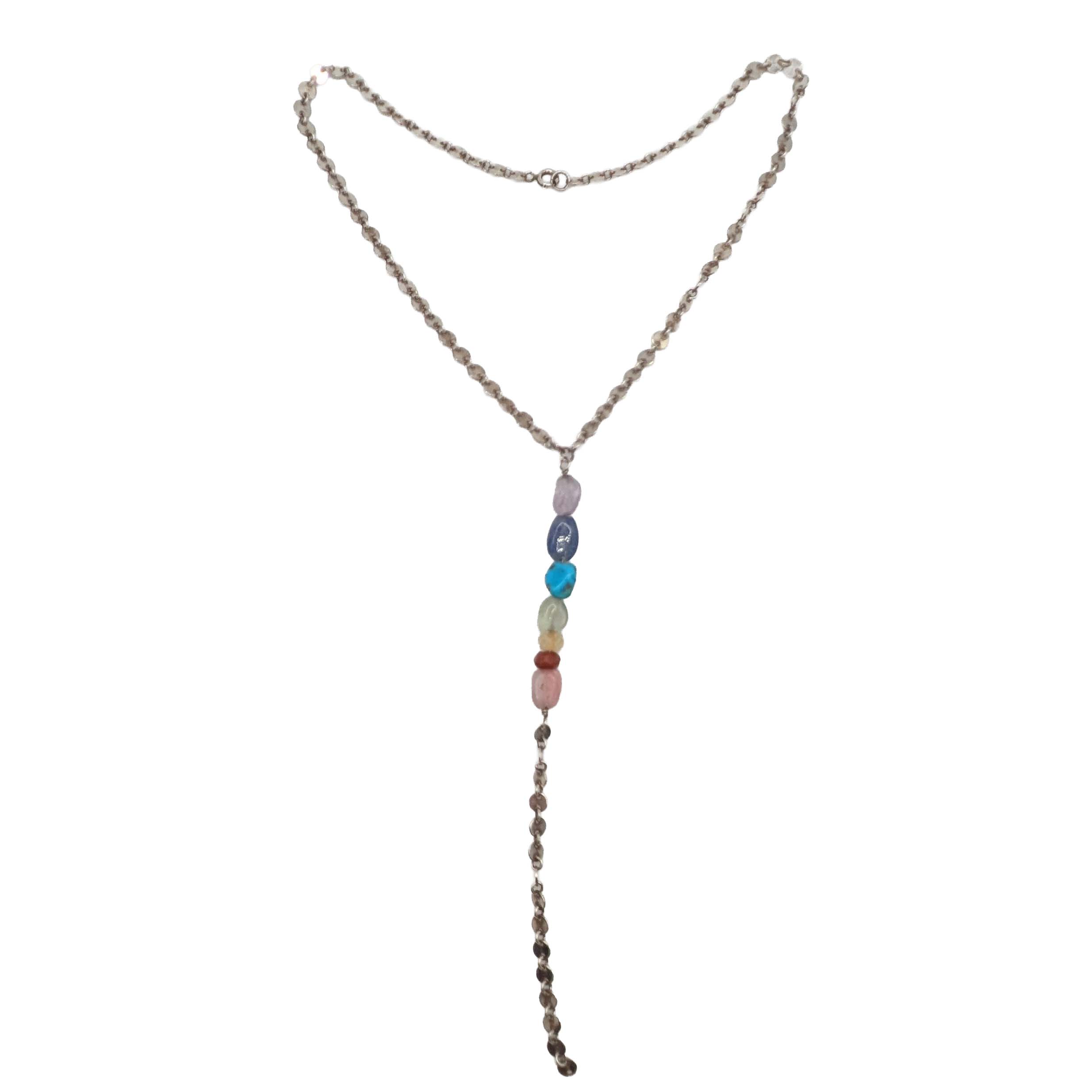 Sterling Silver Multi-Stone Rainbow Lariat Necklace